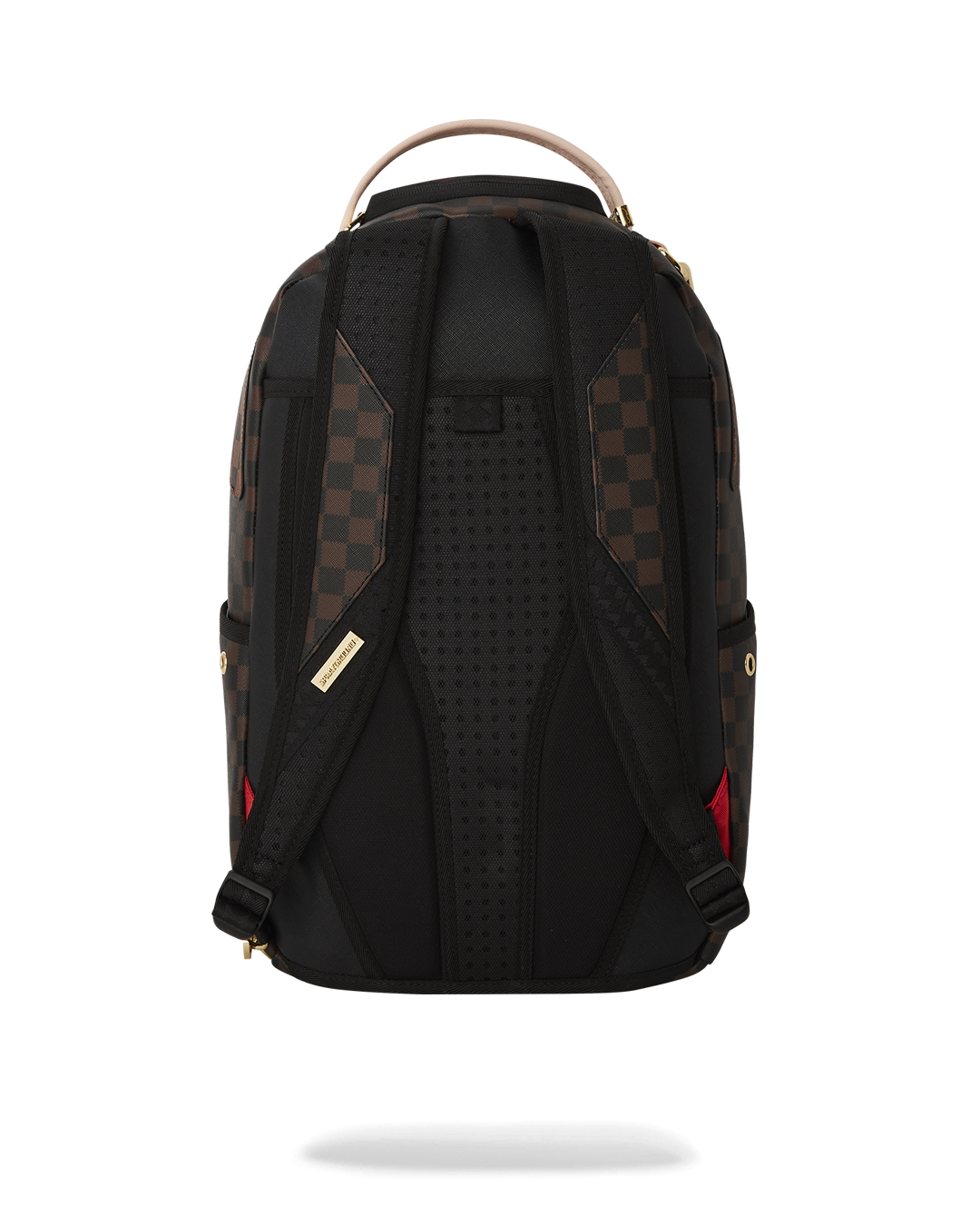Faux leather backpack with gold zippers and multiple compartments, ideal for travel