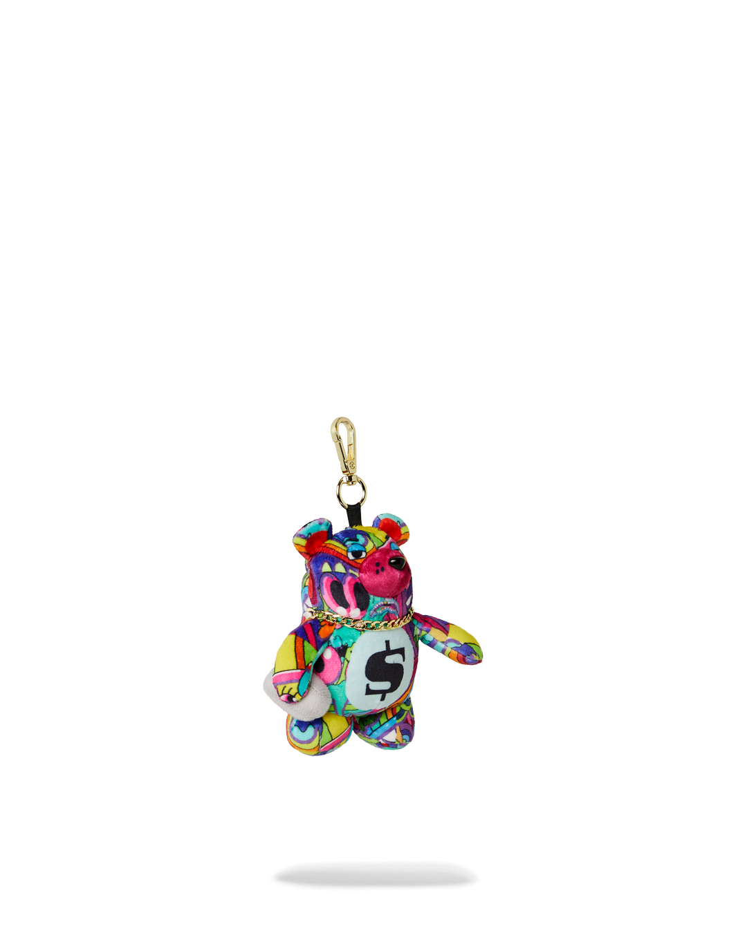 Close-up view of the bear keychain, highlighting its soft texture and details.