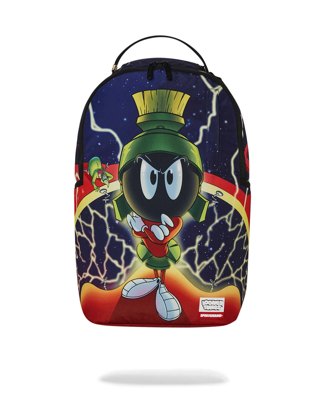 Front view of Sprayground Marvin backpack with Looney Tunes graphics and gold zippers
