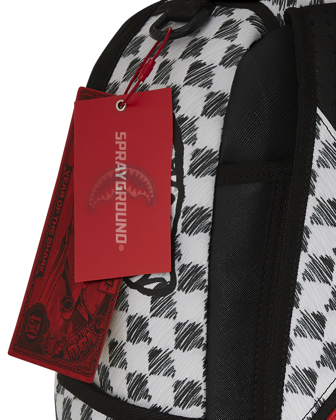 Scribble Dribble checkered faux leather backpack with front zipper pocket and side pockets