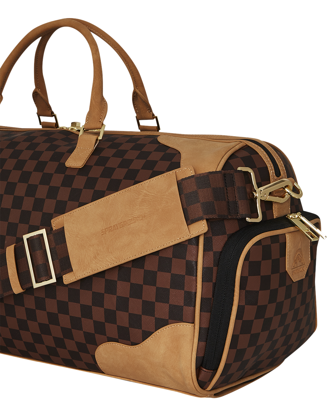 Close-up of Hennyville duffle bags zippered sneaker pocket and gold hardware.