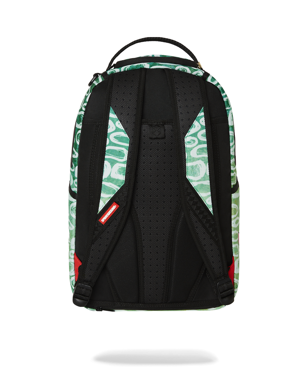 Front view of black Sprayground backpack with Ren & Stimpy artwork and gold zippers