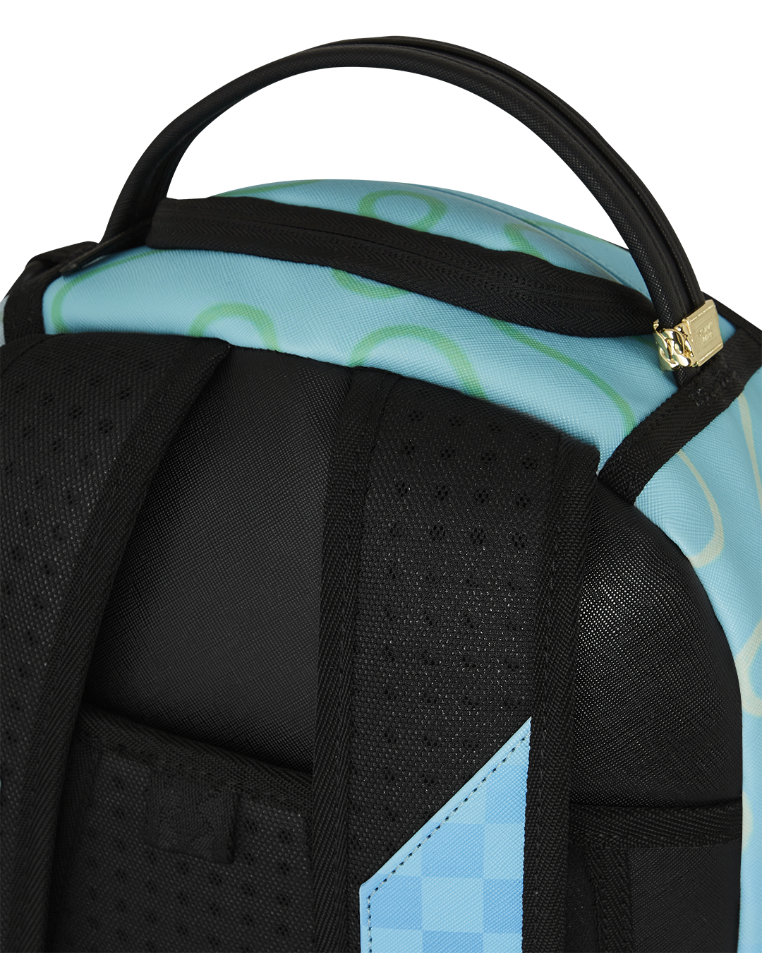Front view of Spongebob backpack showing zippered pockets and playful graphics