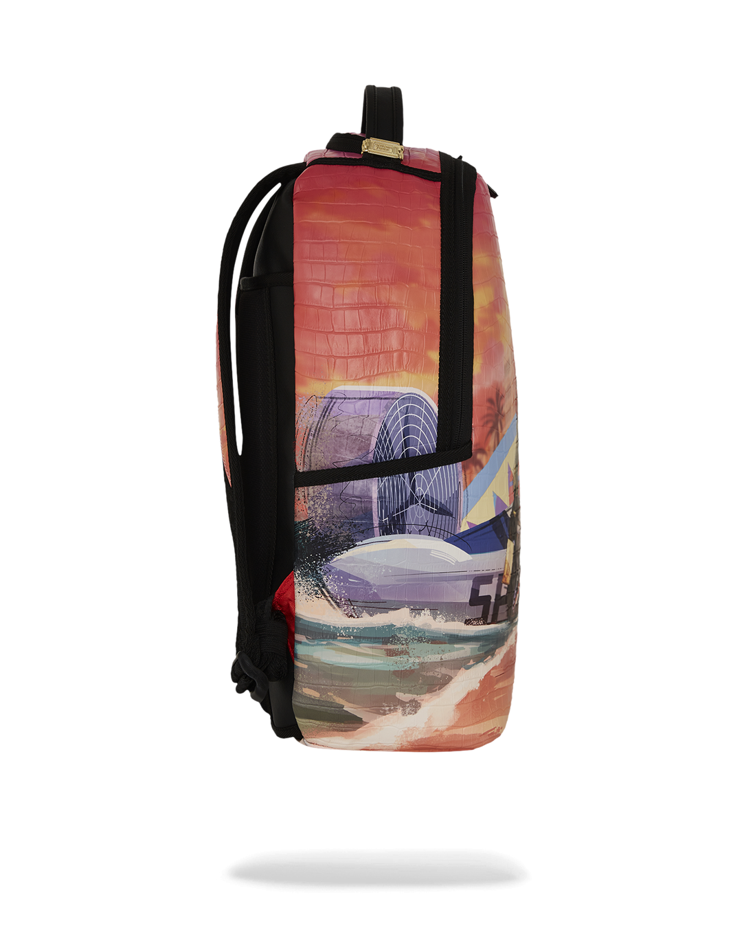 Close-up of faux leather backpack texture with designer claw zipper detail