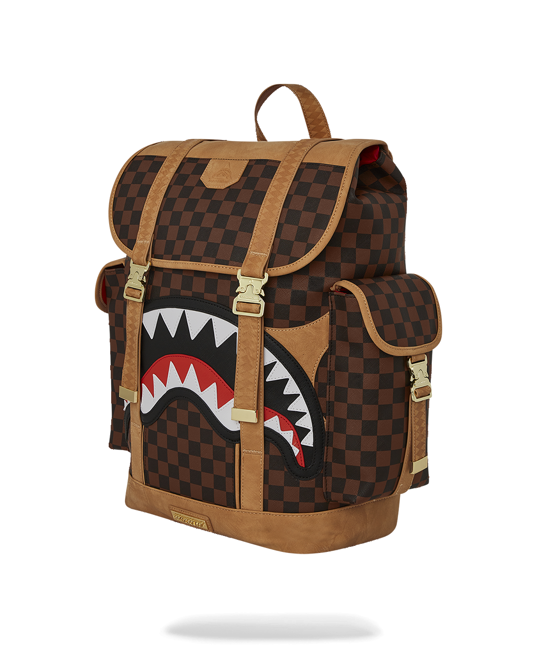 Side view of the Monte Carlo black leather backpack highlighting cargo pockets and drawstring closure.