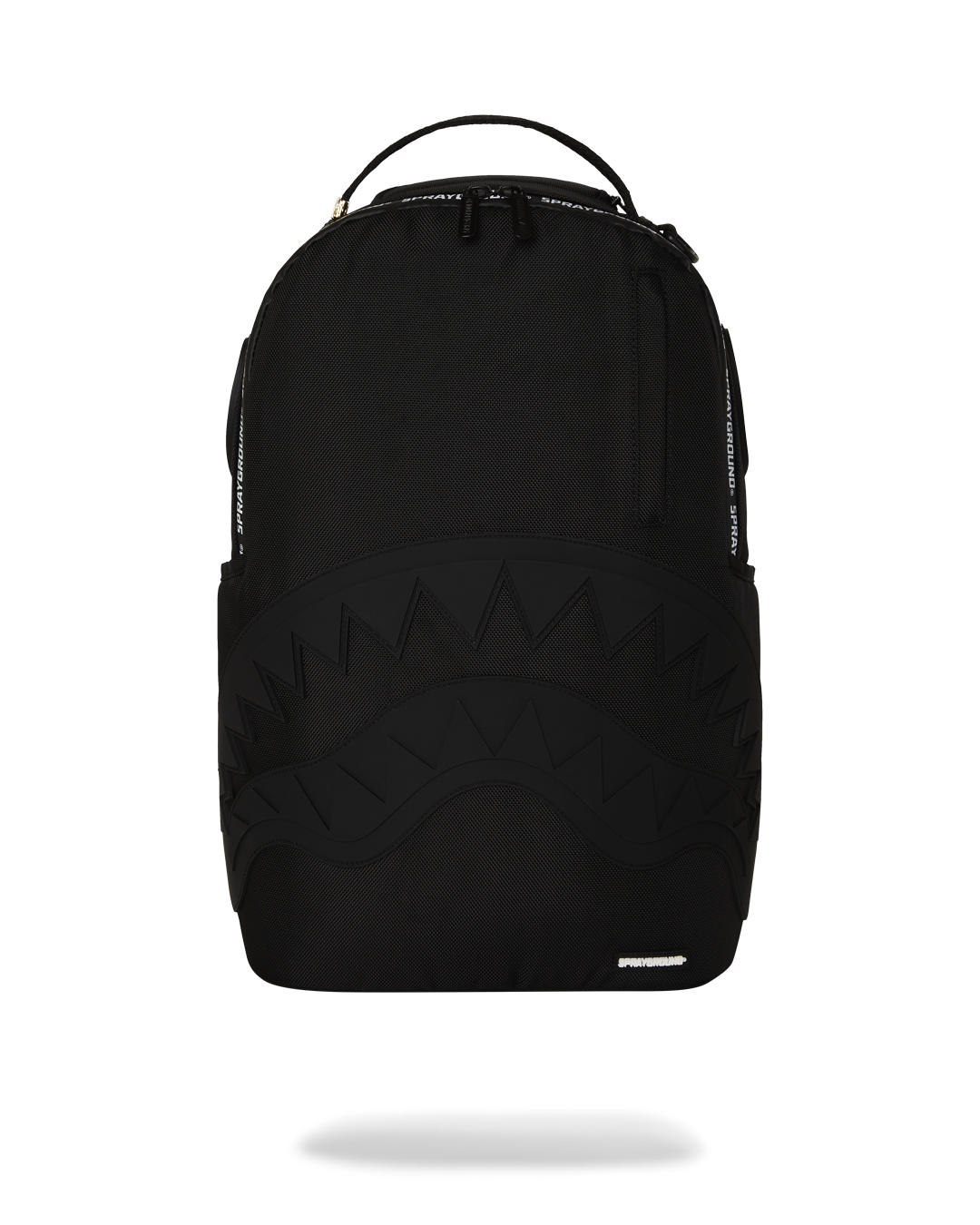 Sprayground Hero White Tape DLXR Backpack front view, highlighting its front zipper pocket and side pockets.