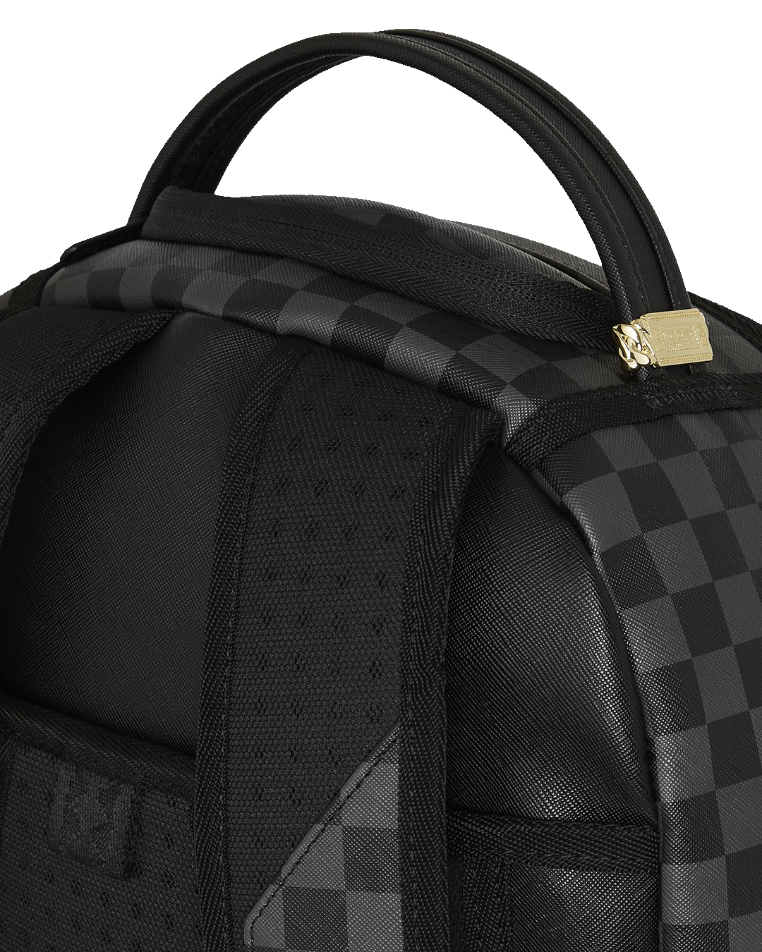 Front view of the Angry Birds x Money Boys faux leather backpack with gold zippers