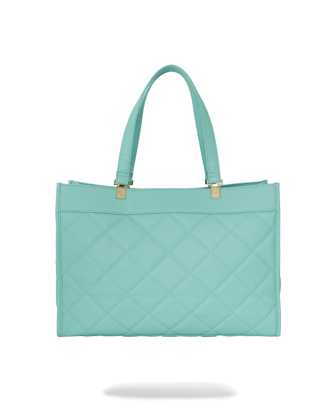 Close-up of the quilted texture and embossed details on the designer tote bag
