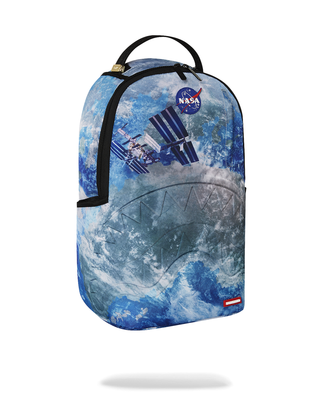 Sprayground NASA Collaboration Limited Edition Laptop Backpack in pink, with its interior laptop compartment and mesh organizer pocket visible.