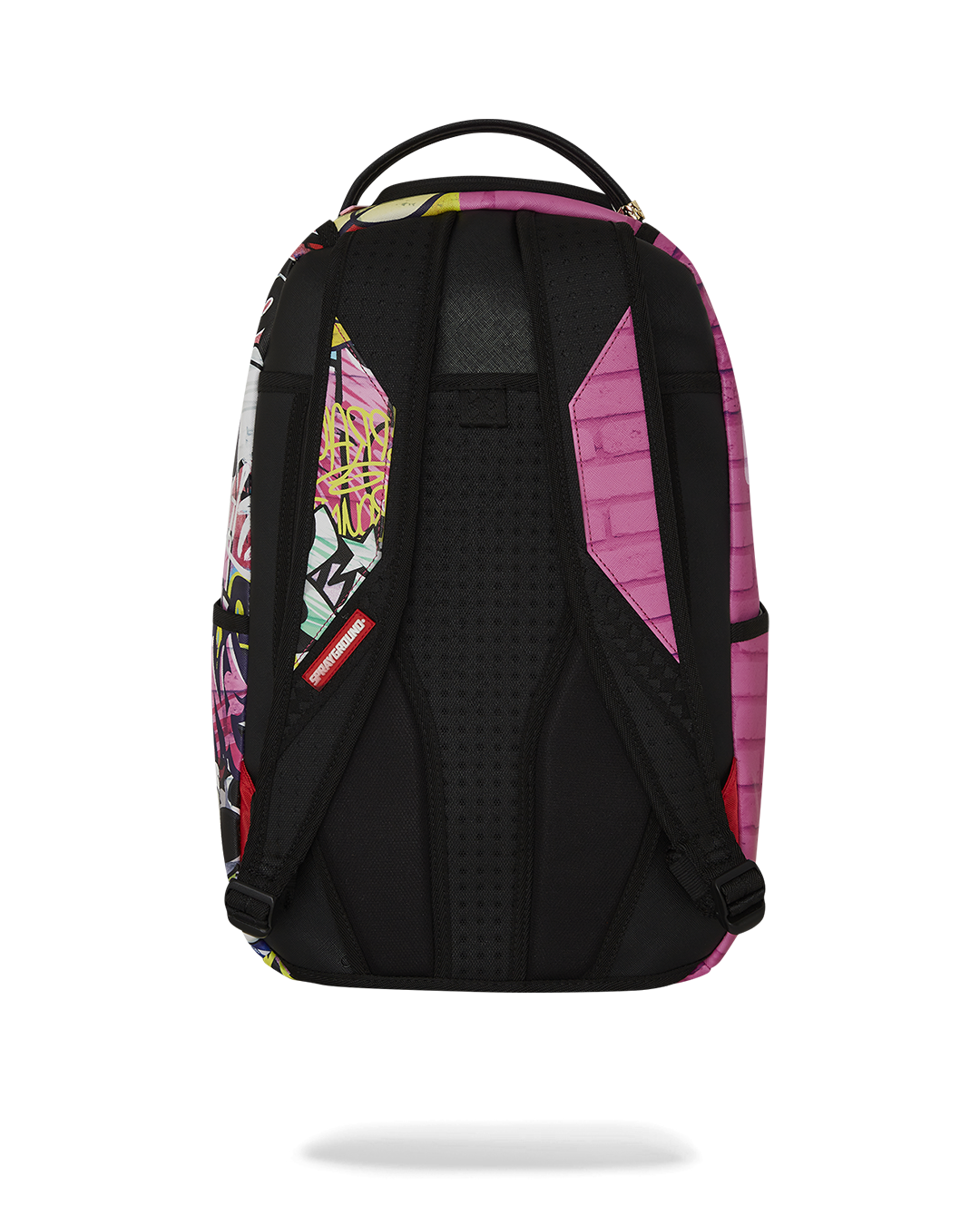 Front view of pink faux leather backpack showing main zipper and storage layout