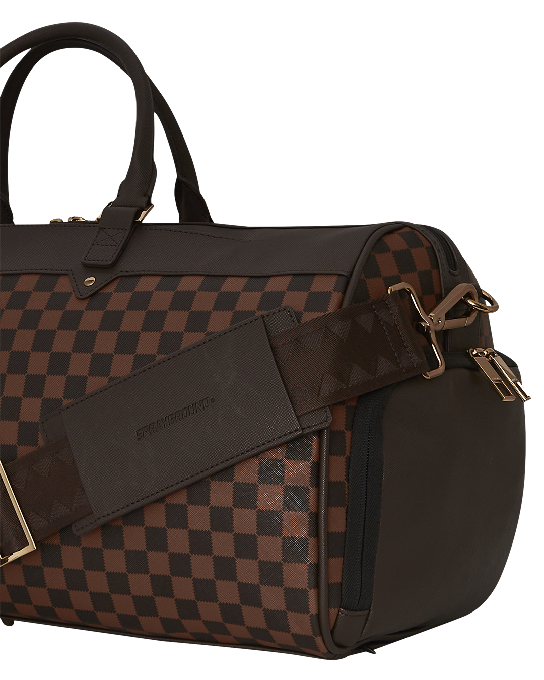 Close-up of metal zippers on the durable travel duffle bag