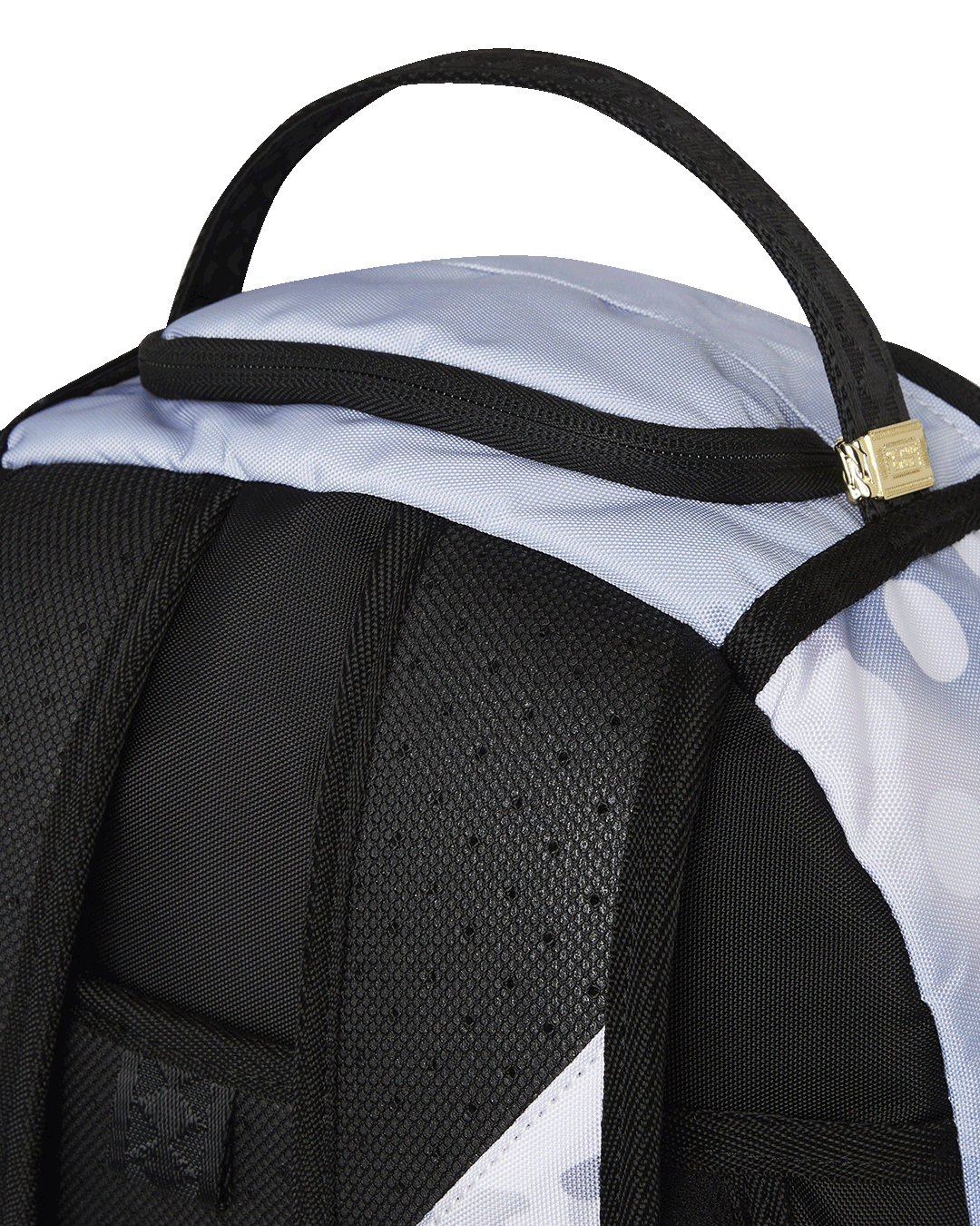 Front view of Looney Tunes backpack with gold zippers and side pockets