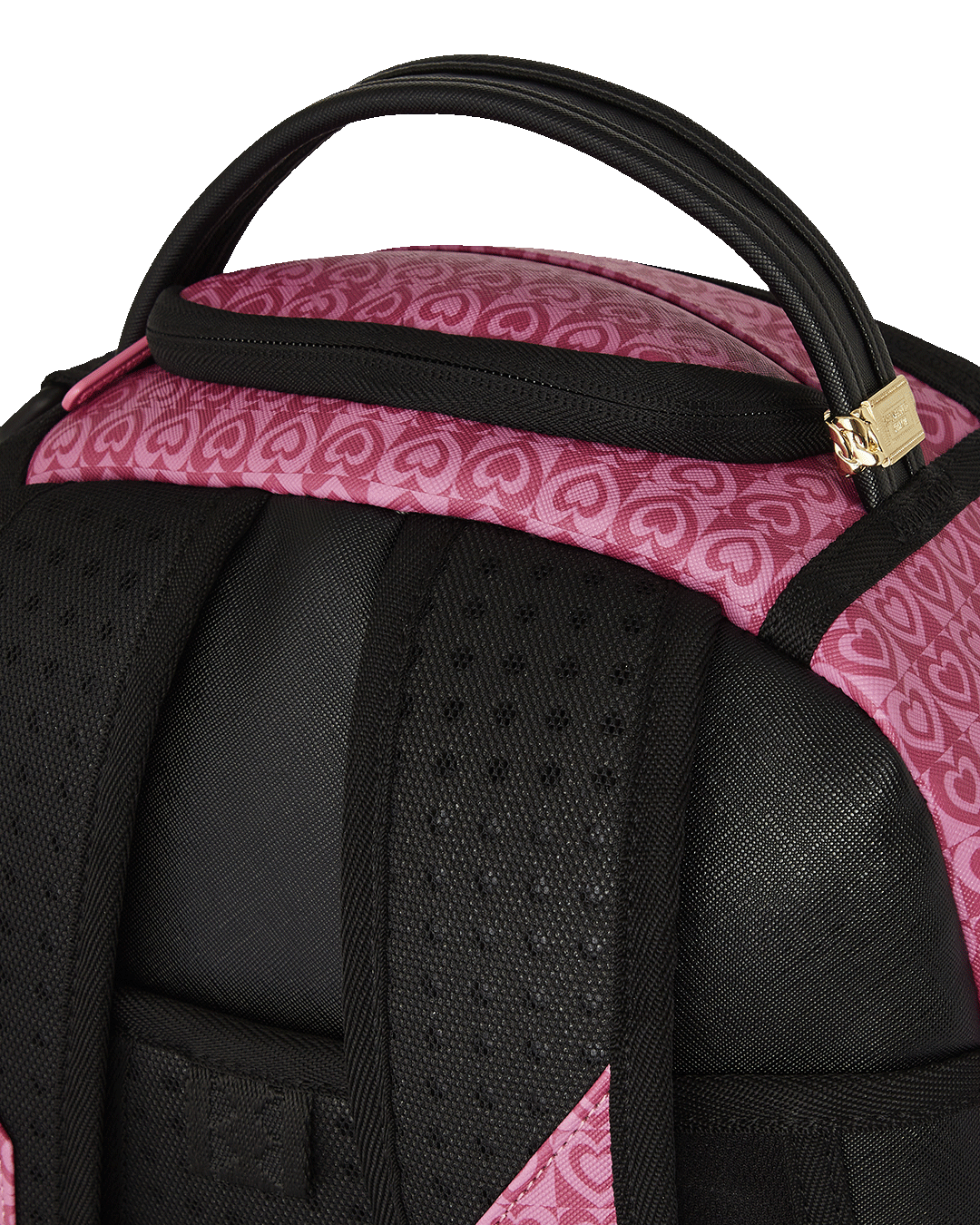 Front view of Powerpuff Girls faux leather backpack showcasing gold zippers.