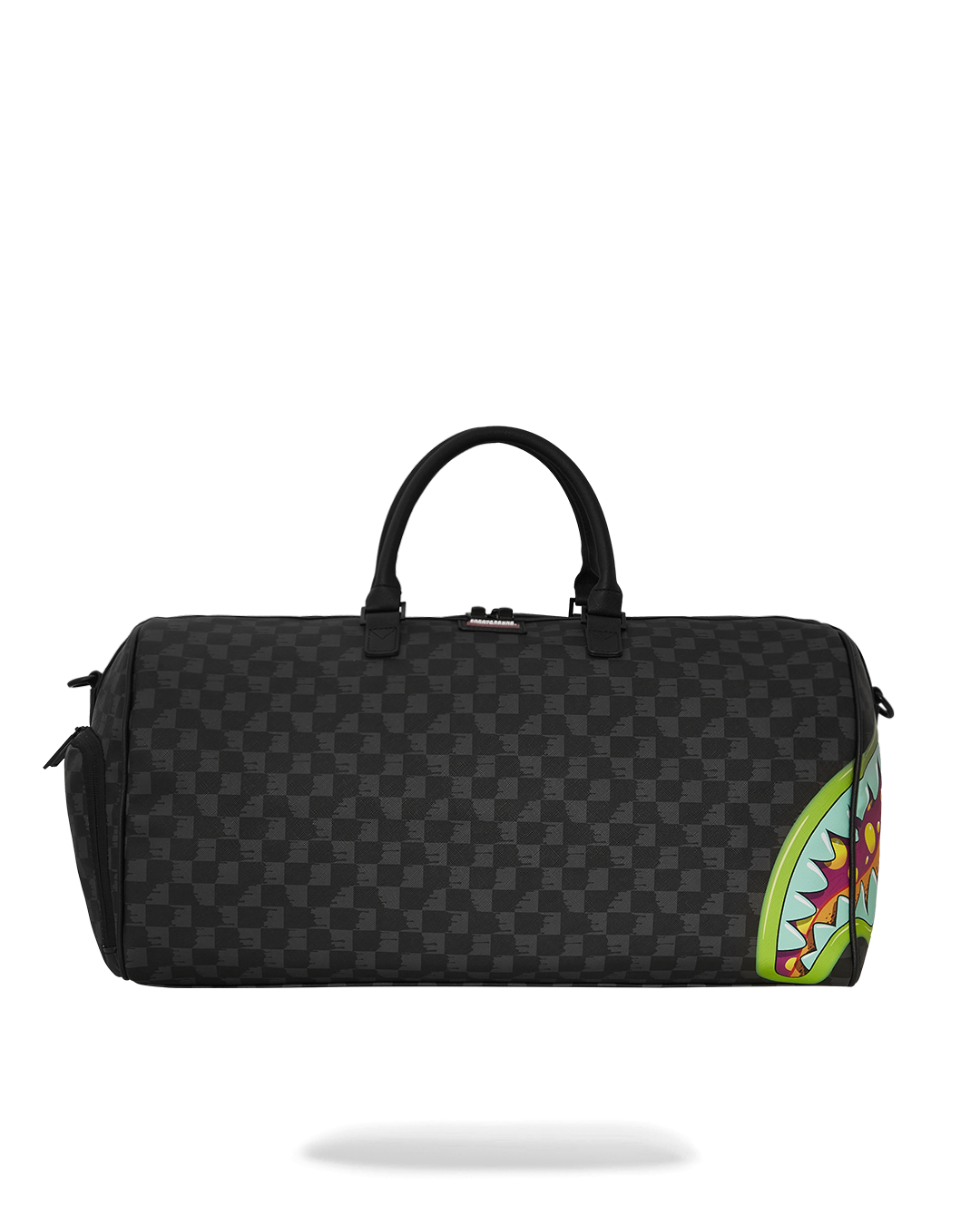 Close-up of Sprayground slime duffle bag’s gold zippers and faux leather texture