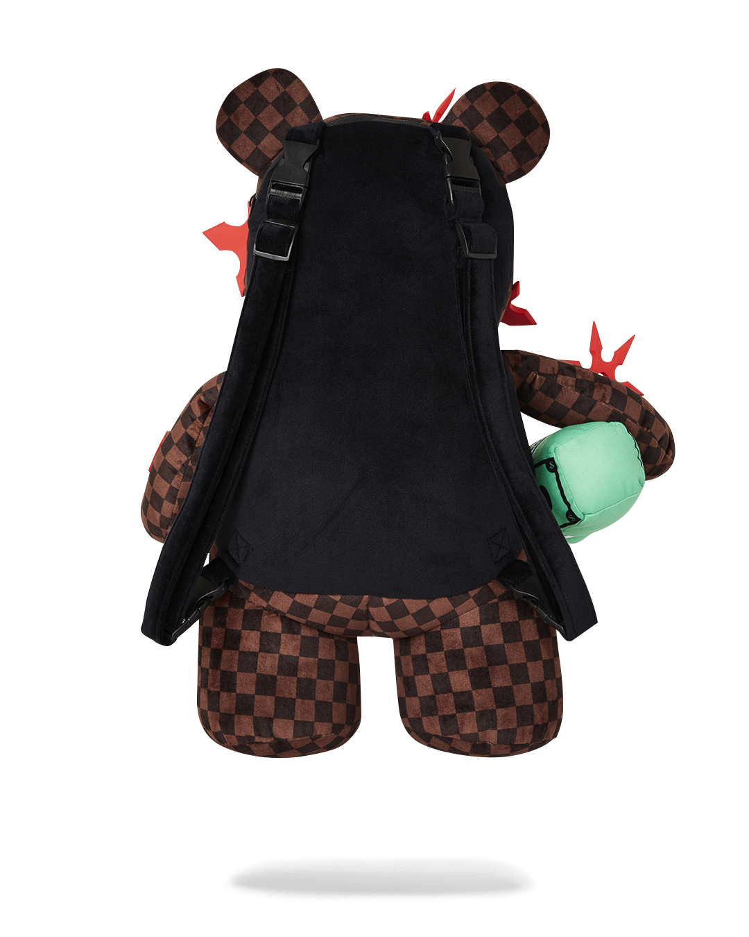 Front view of the sprayground teddy bear backpack with plush money bear design