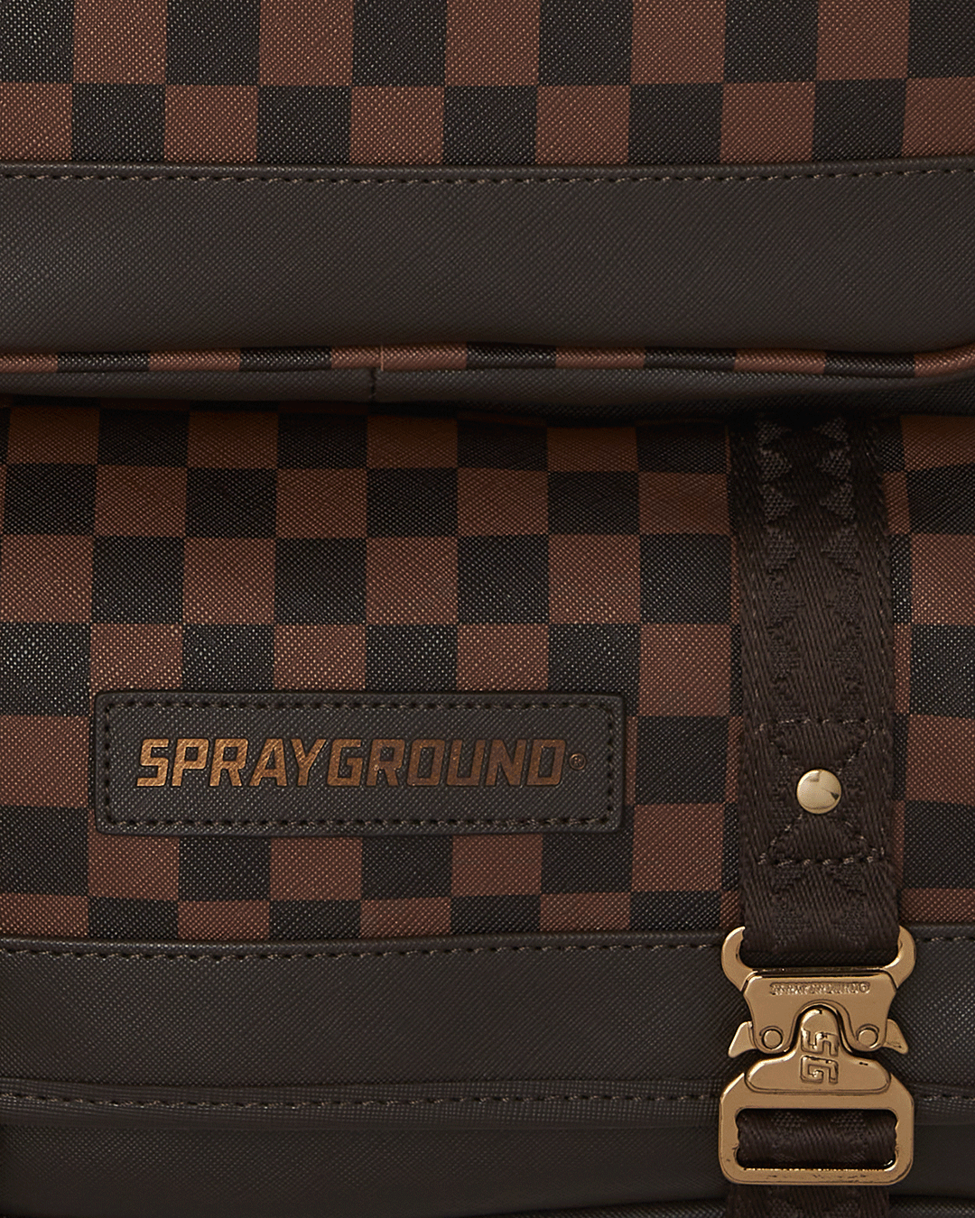 Front view of the faux leather cargo backpack with multiple cargo pockets and hardware accents
