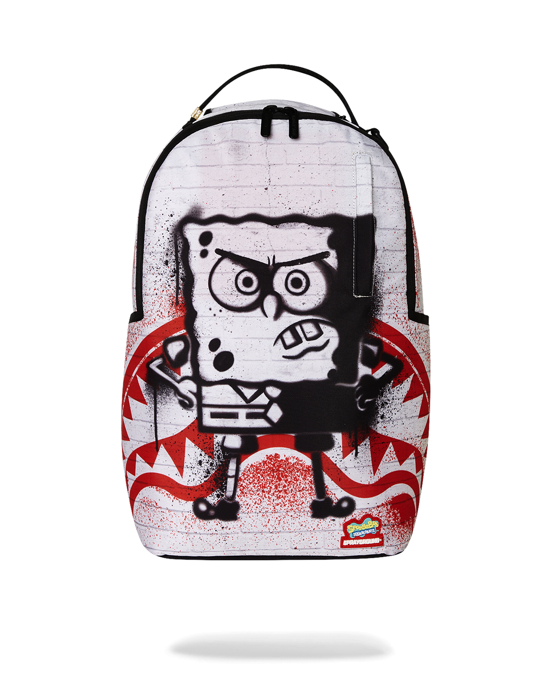 Front view of Sprayground backpack pink with Spongebob stencil artwork
