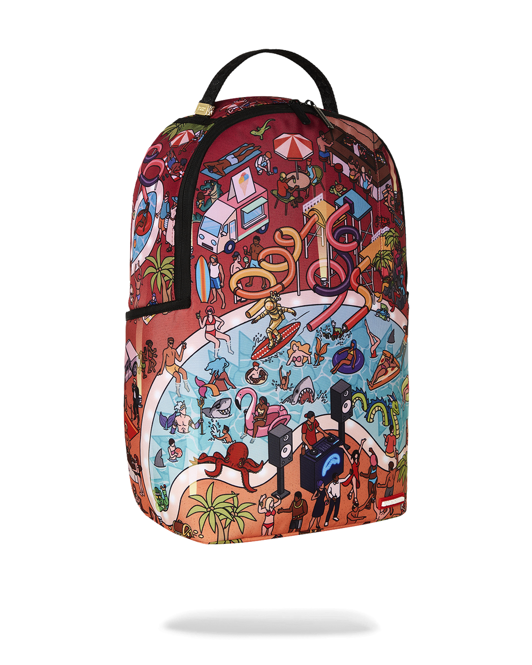 Back of the backpack featuring adjustable straps and gold zipper details.