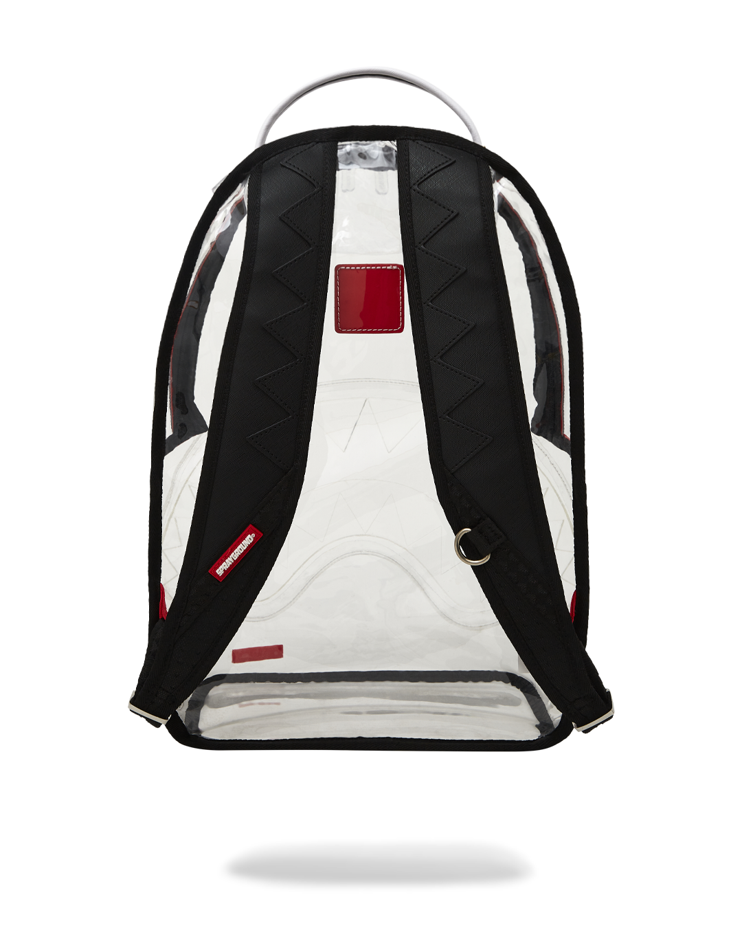 Clear Sprayground shark backpack showing front shark mouth detail and zippers