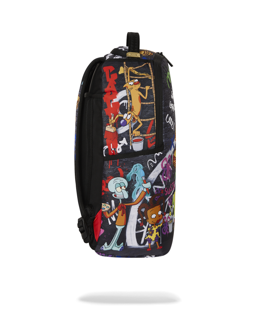Side angle of the pink Sprayground backpack, highlighting the ergonomic mesh back and adjustable straps.