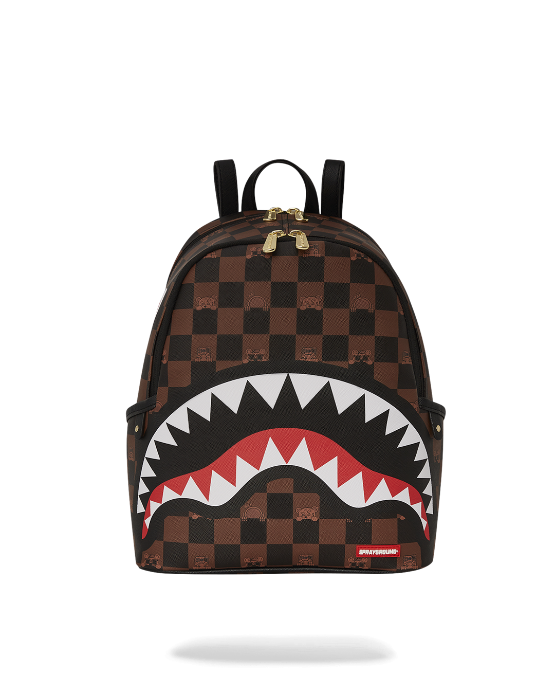 Front view of stylish faux leather backpack with gold zippers on city sidewalk