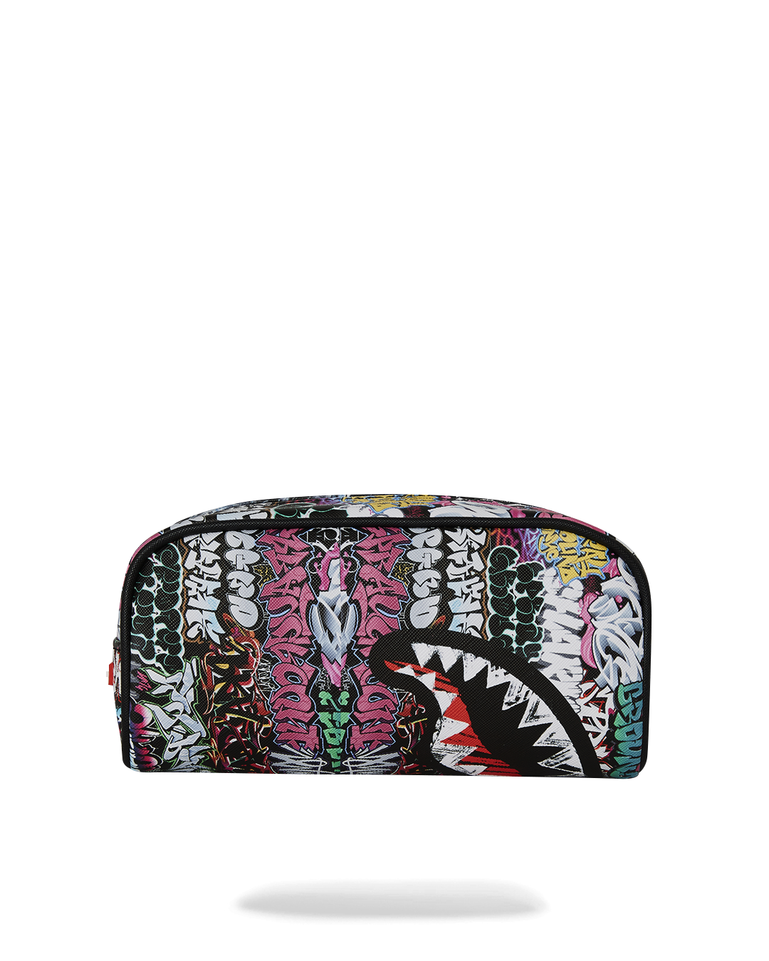 Black PVC pouch displayed flat with zipper partially open