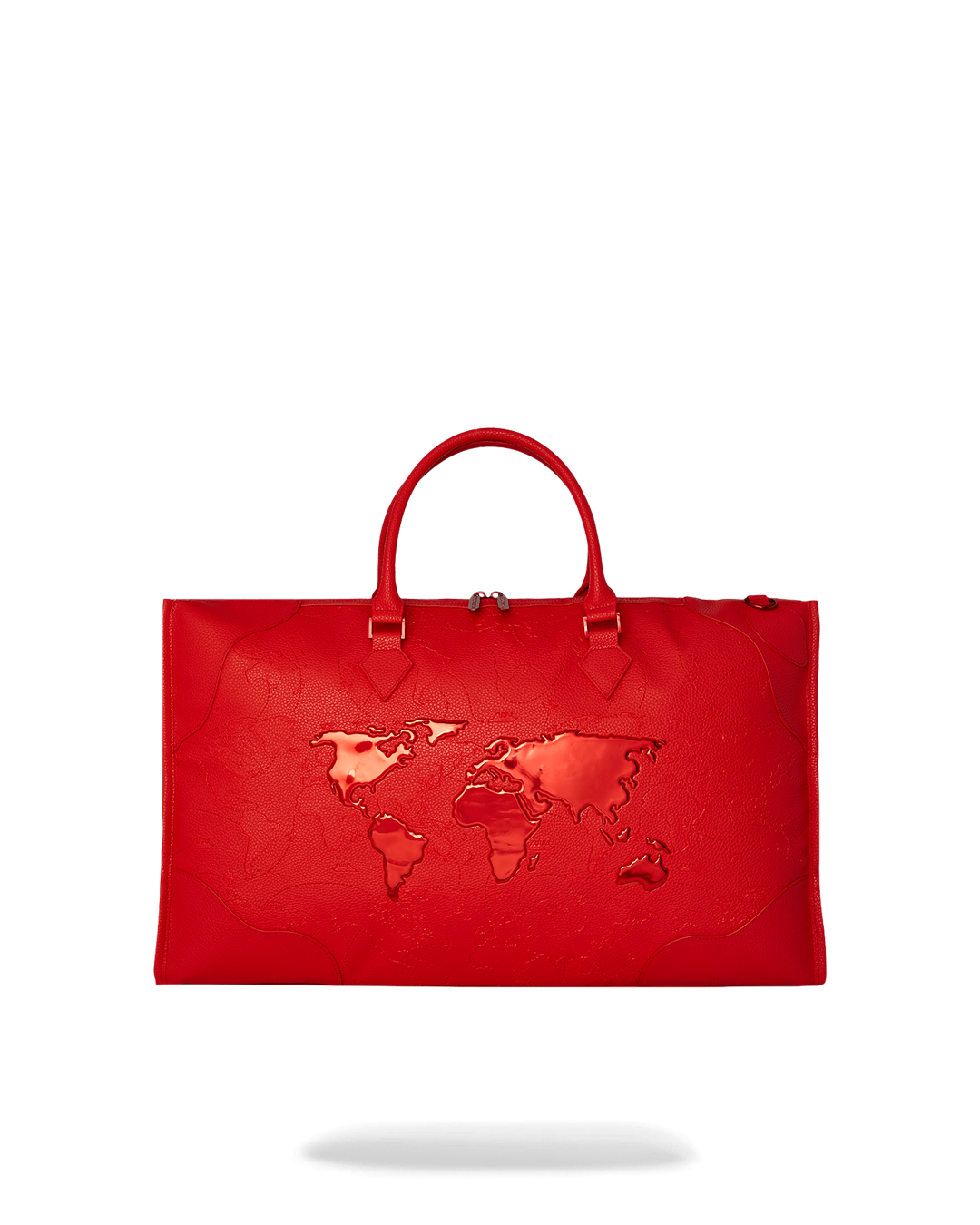 Close-up of the James First Class Ruby Red faux leather duffle bag showing its textured exterior