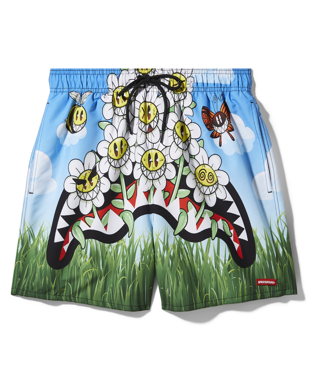 Close-up of vibrant floral swim shorts for women