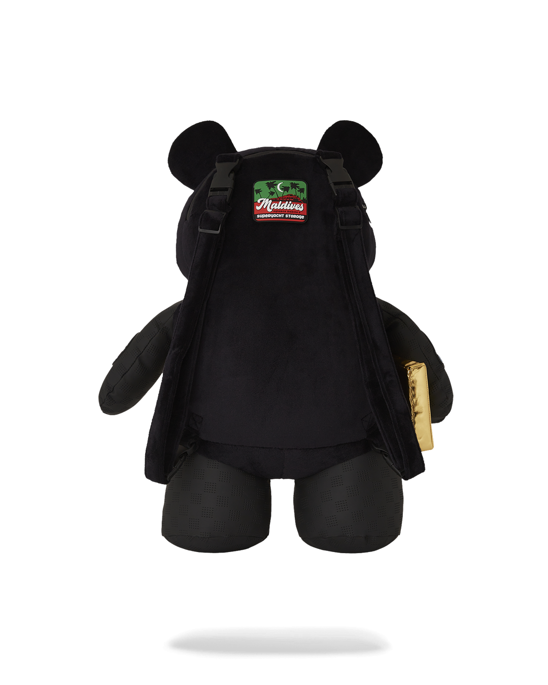 Front view of Sprayground teddy bear backpack showcasing Money Bear design and rubber accents