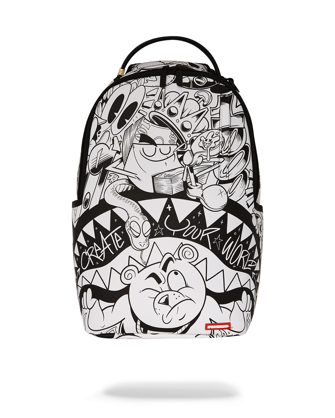 Doodle King faux leather travel backpack in a stylish setting with side pockets visible.