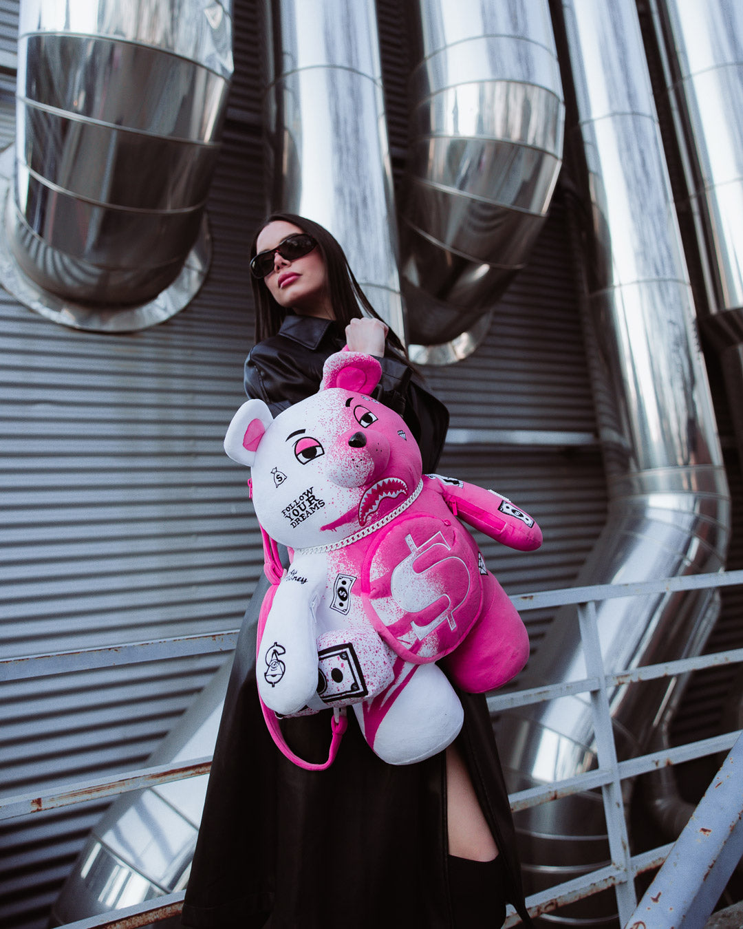 Limited Edition Sprayground Teddy Bear Backpack - back view showing large zippered pocket