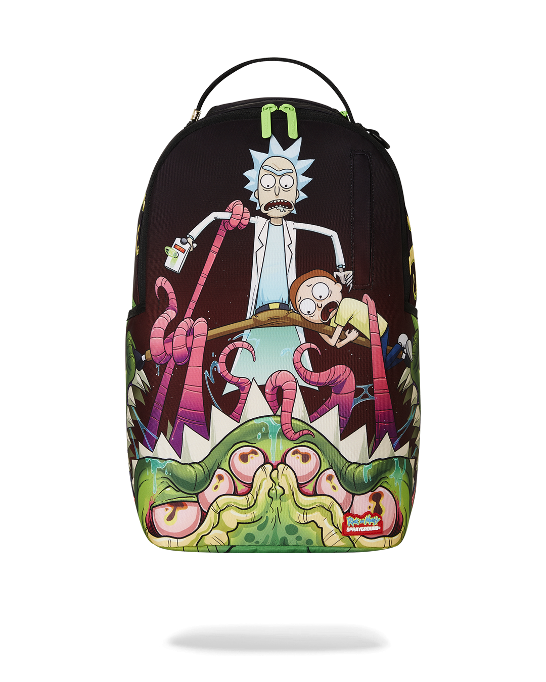 Rick and Morty backpack shown front-on with side pockets and gold zippers