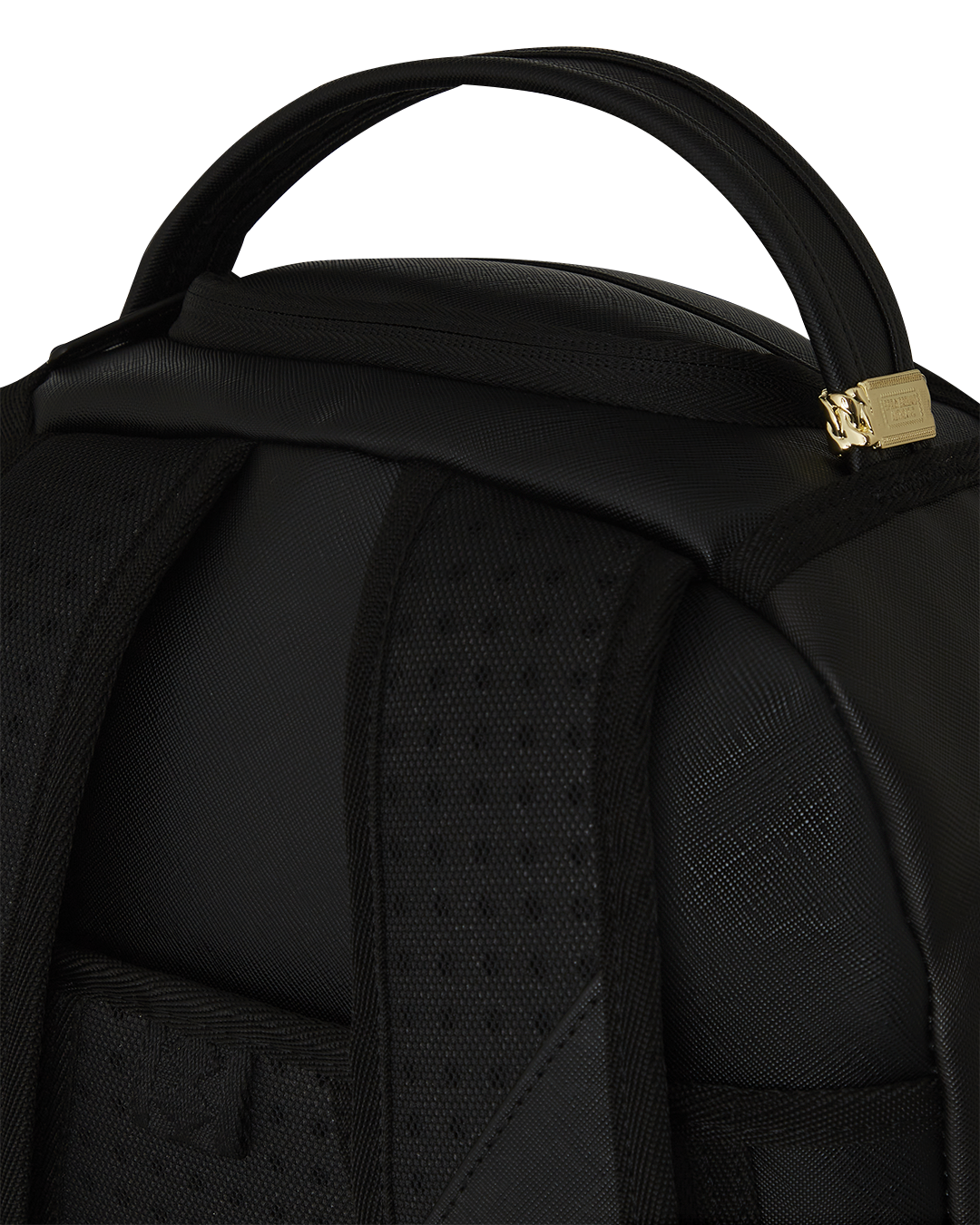 Front view showing gold zippers and sleek faux leather finish