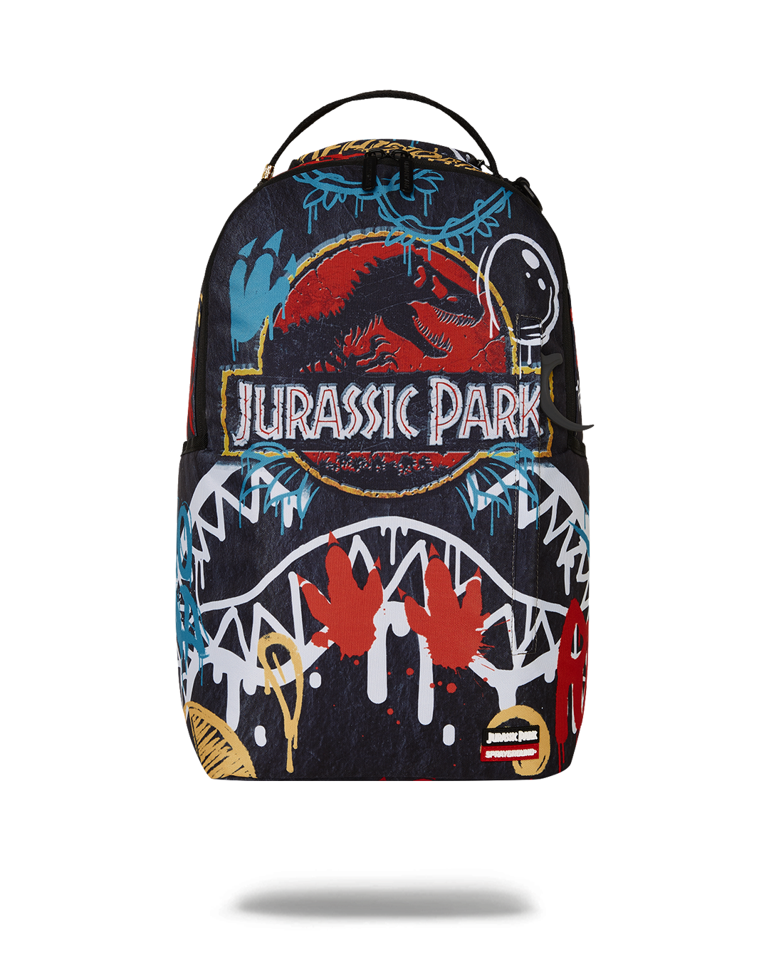 Front view of Jurassic backpack showing splash print and claw zipper