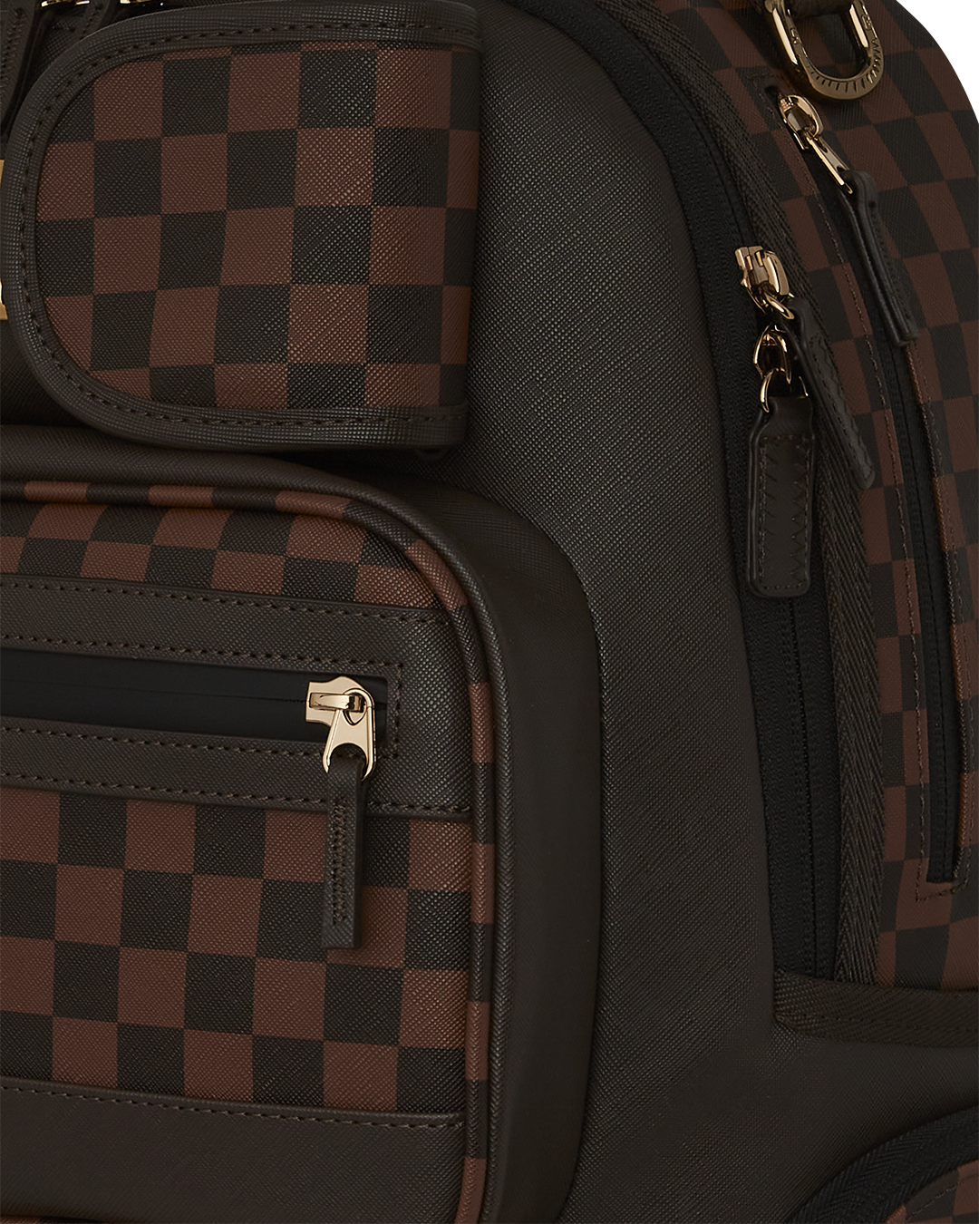 Front view of the faux leather cargo backpack with multiple cargo pockets and hardware accents