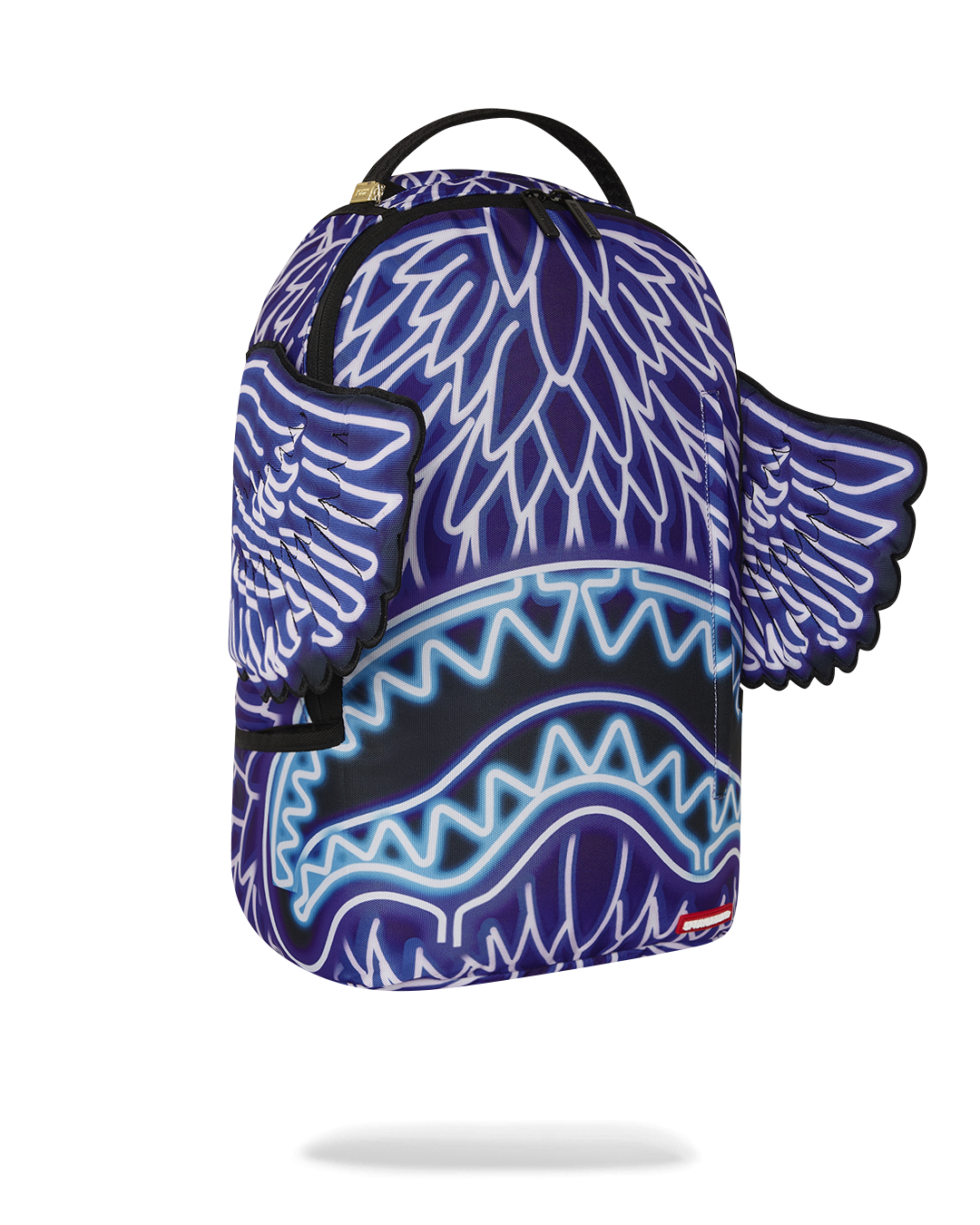 Interior layout of the Neon Wings Deluxe backpack displaying the velour laptop compartment.