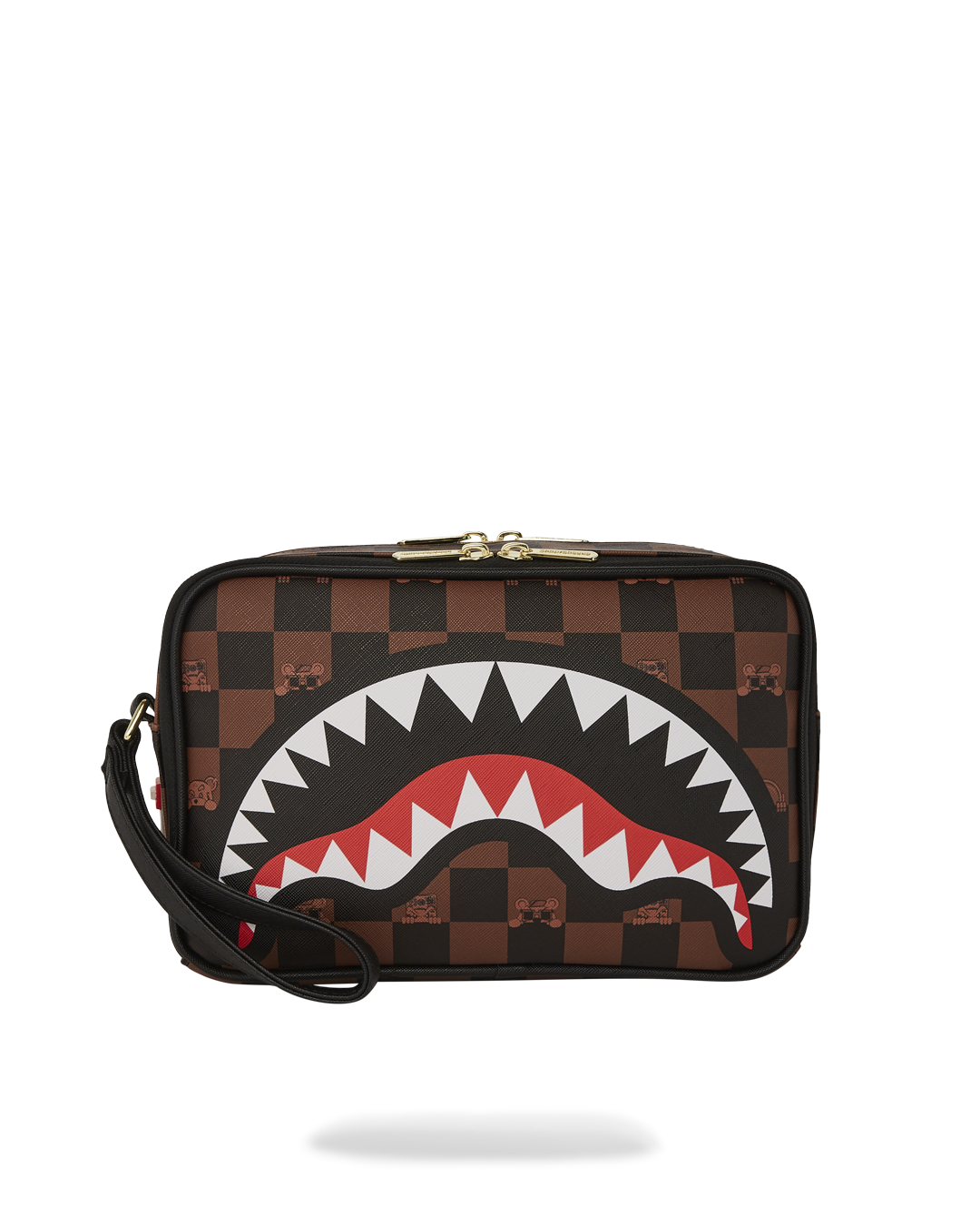 Close-up of the shark pocket detailing on the men's travel toiletry bag