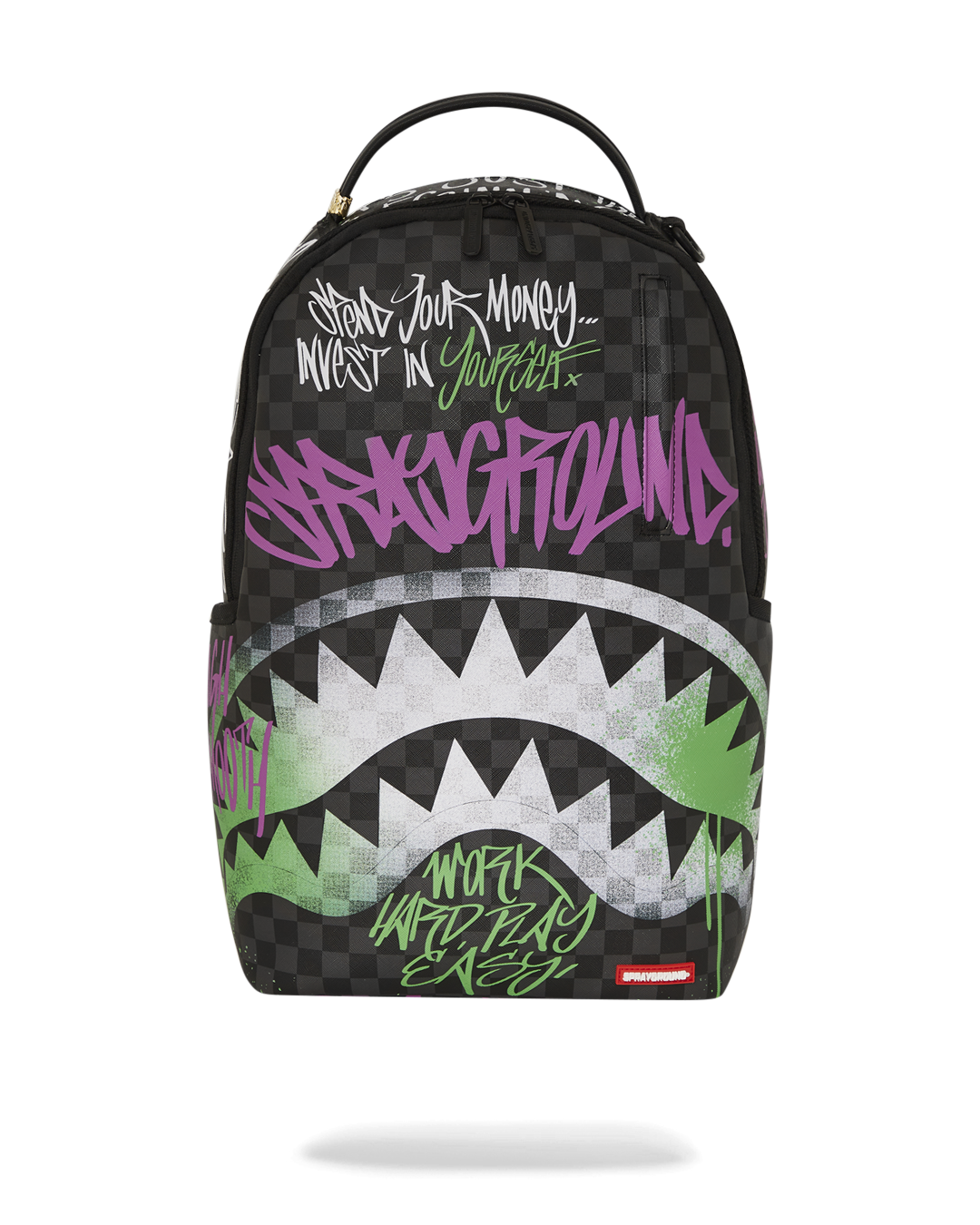 Spray Poetry backpack open, showing laptop compartment and organizer pockets