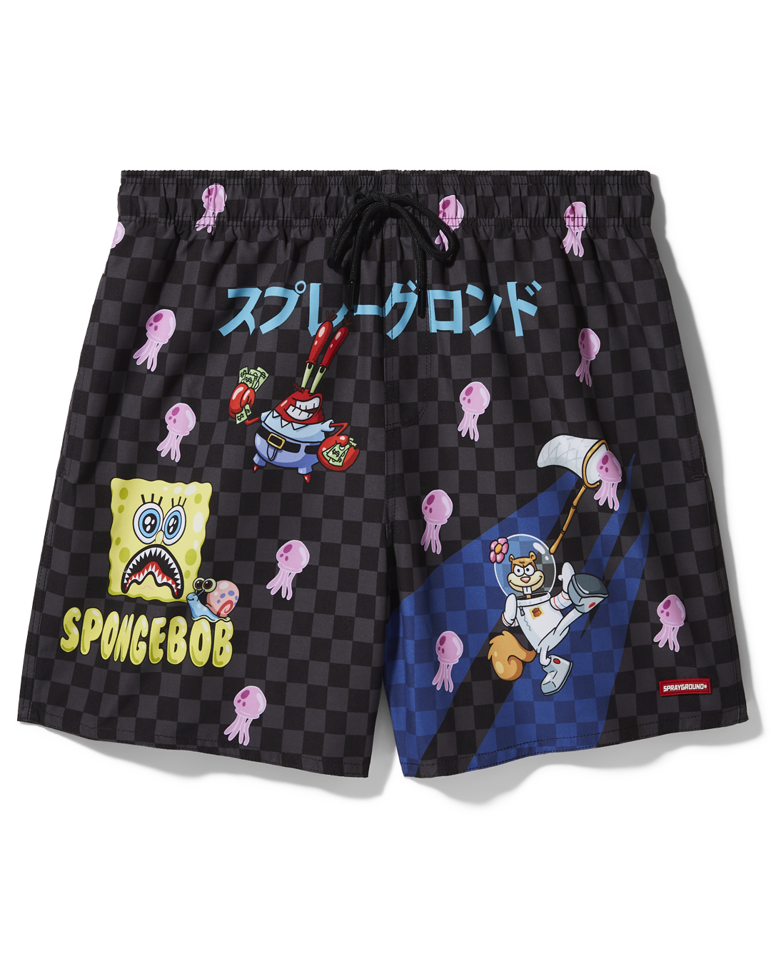 Spongebob Tokyo Bubble swim shorts laid flat, showing vibrant print