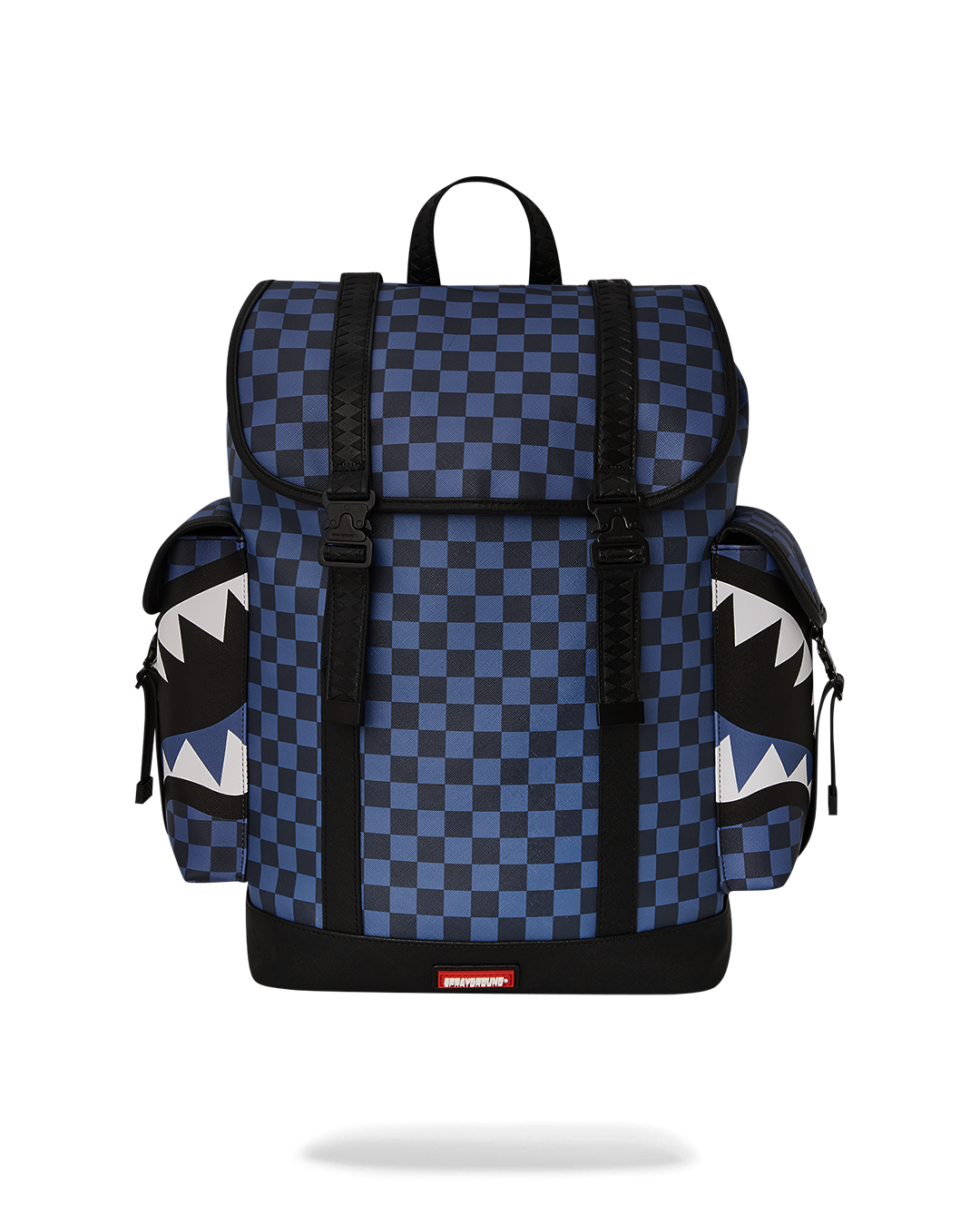 Front view of the Midnight Magic leather laptop backpack showcasing its design and buckles.