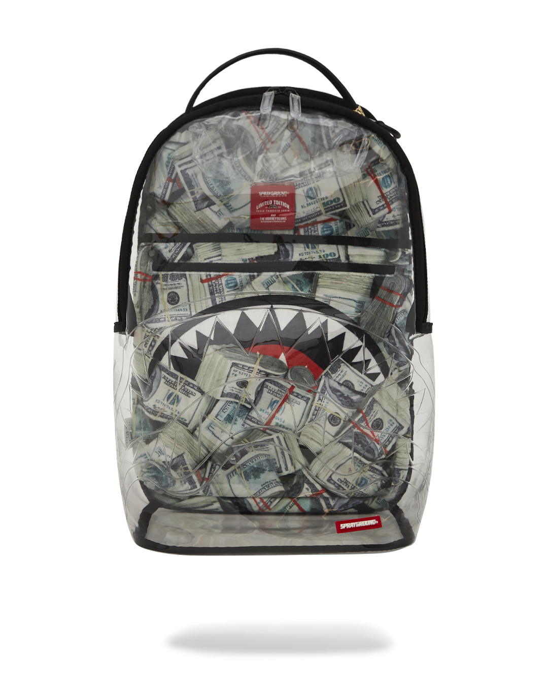 Front view of Money Chomp clear backpack showing PVC design.