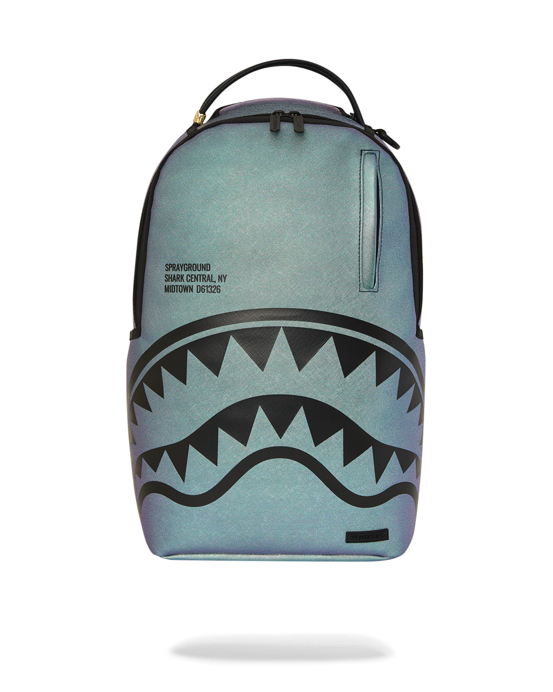 The Slickness faux leather backpack with iridescent finish and front zipper pocket