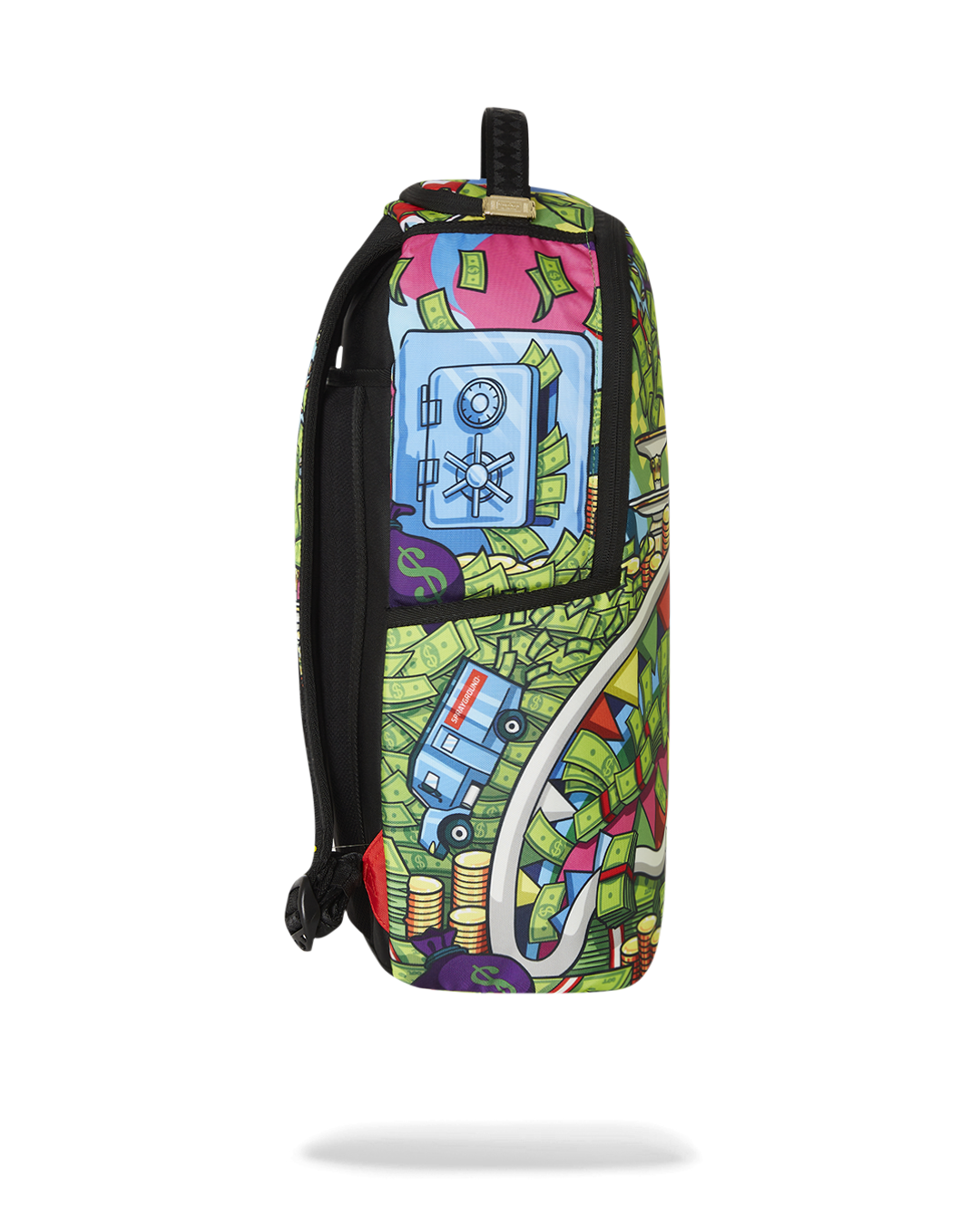 Close-up of velour compartments and metal Authentic badge on the luxury backpack exterior.