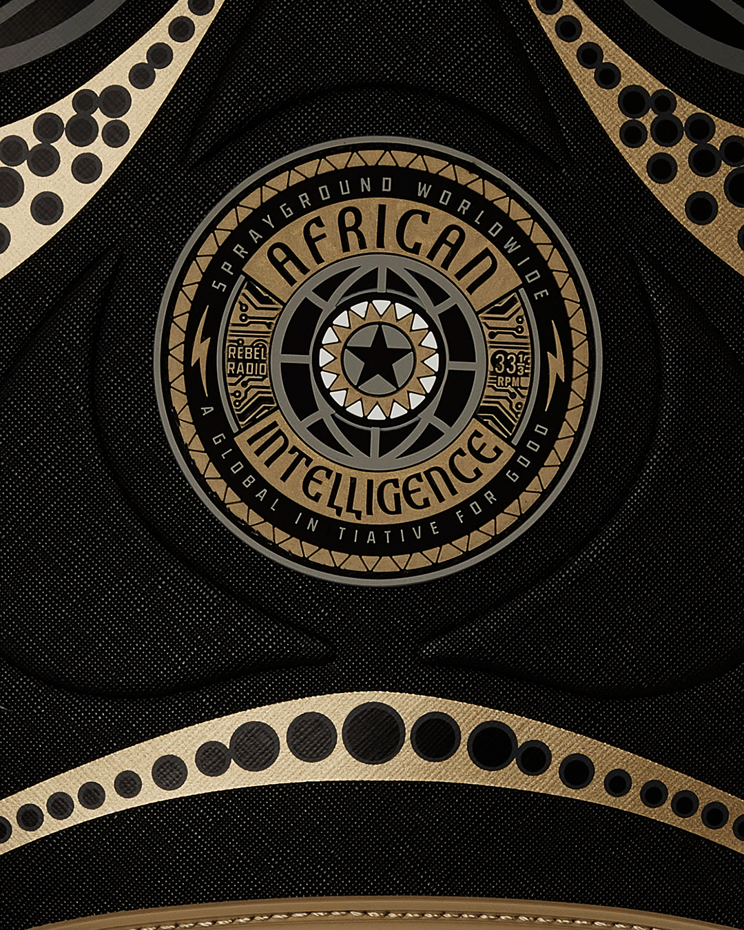 Close-up of gold zipper detailing and Sprayground badge on urban travel backpack