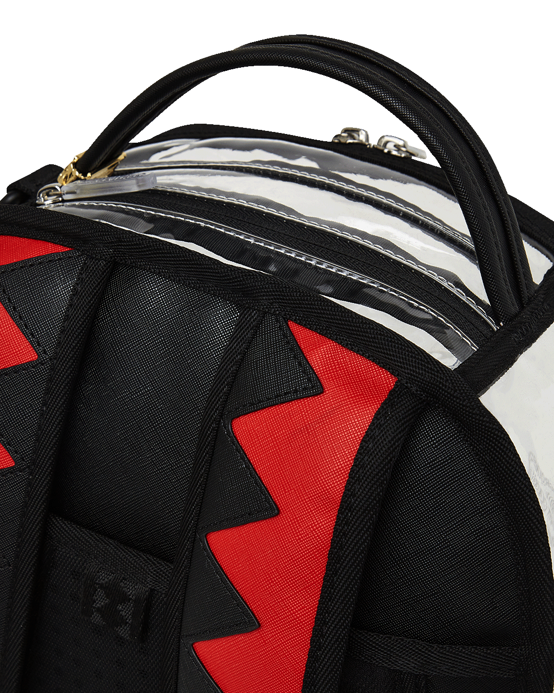 Front view of the Shark Central clear backpack with spacious compartments.