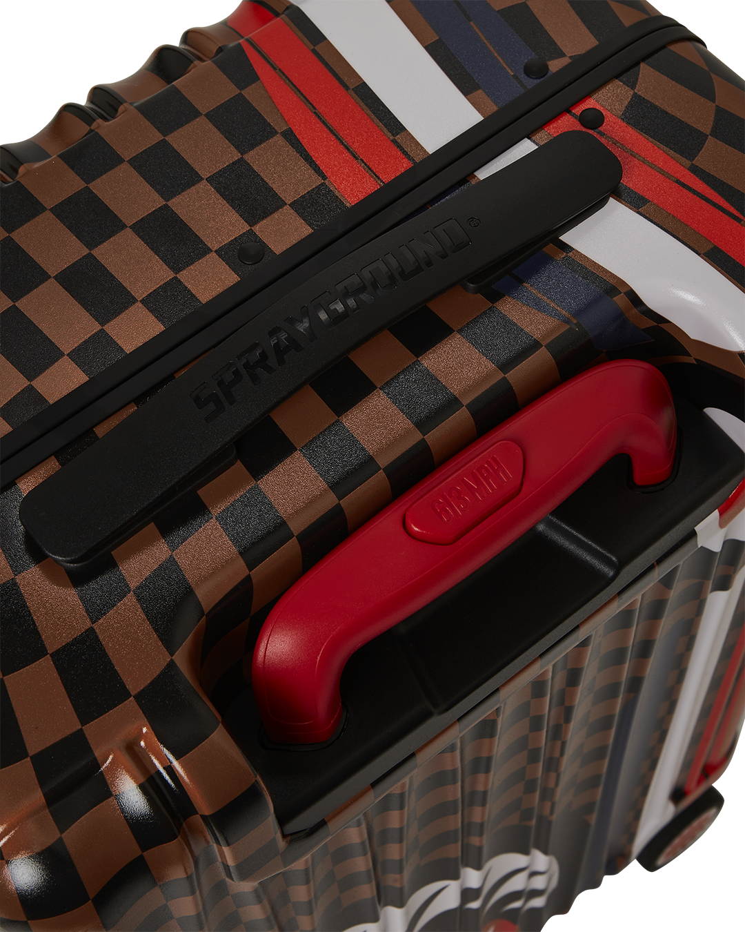 SHARKS IN PARIS GT polycarbonate carry-on luggage shown in travel mode with extended handle
