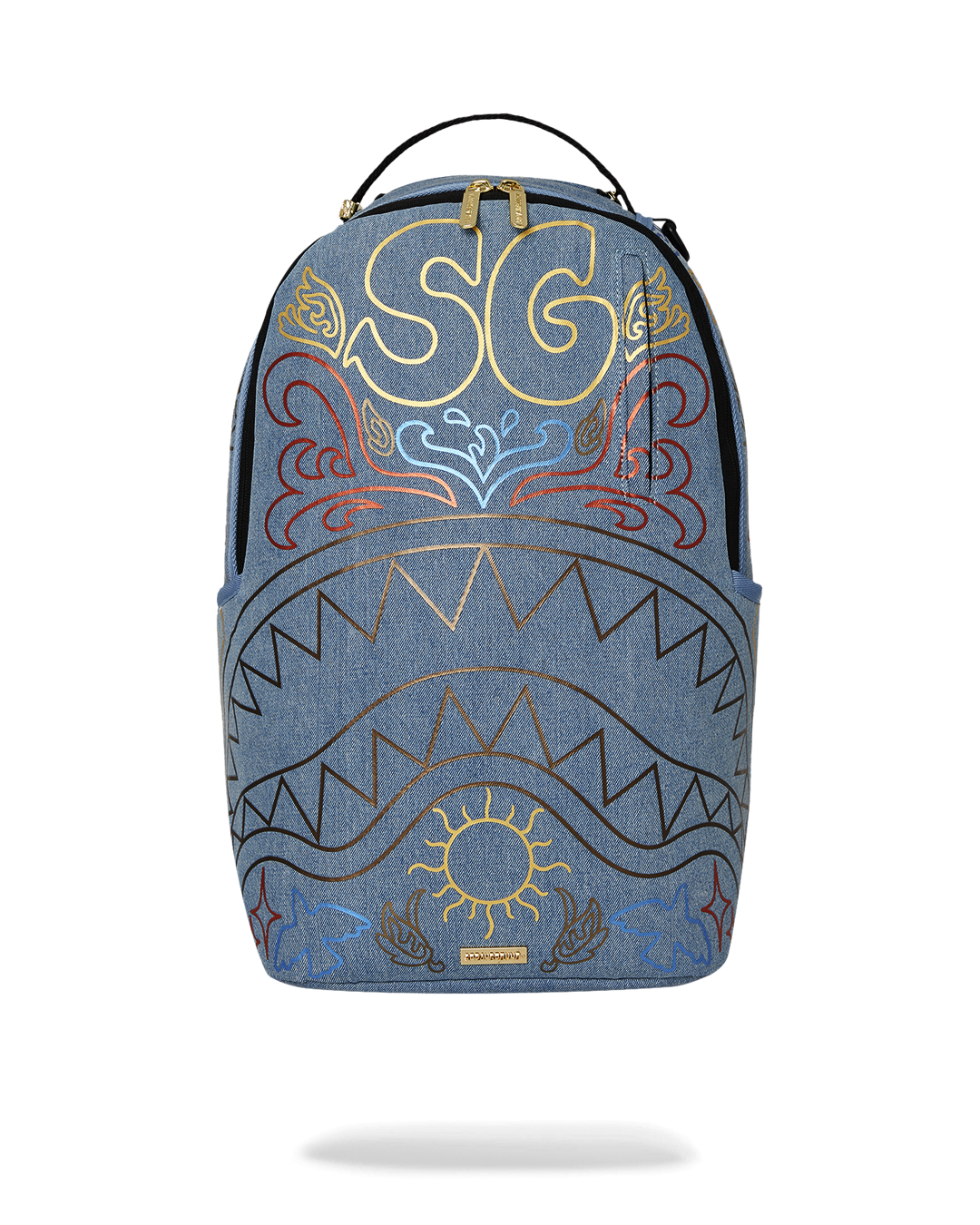 Front view showing gold zippers and denim texture on designer backpack