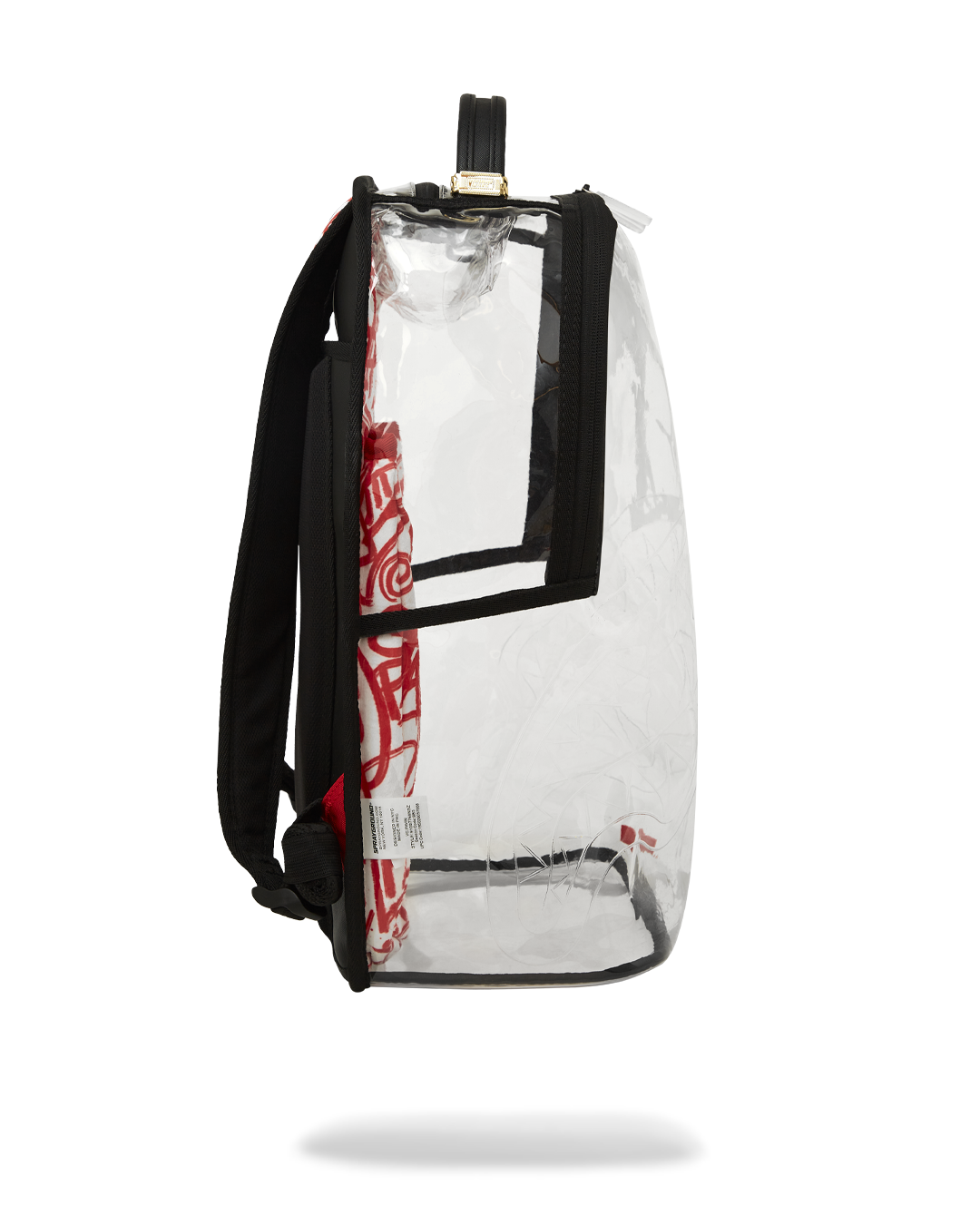 Sprayground Clear Diablo Gallery backpack with multiple compartments, side view.