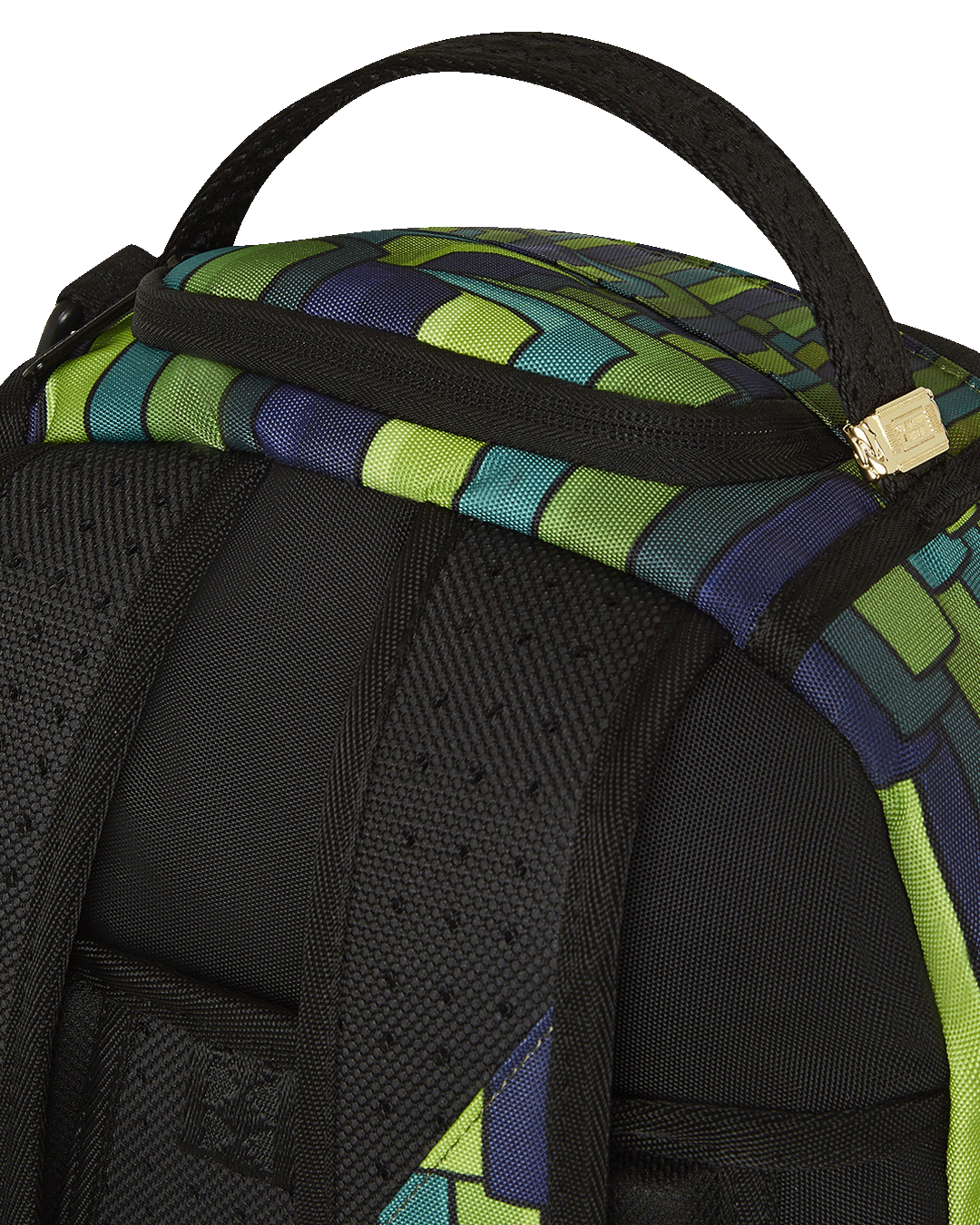 Front view of the DLXR Solar Opposites backpack showcasing its unique Pupa puller and gold zippers.