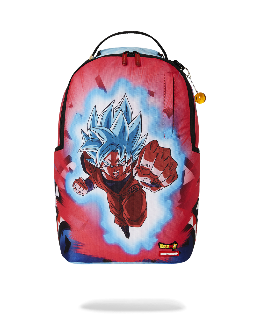 Dragon Ball Z backpack displayed with keychain and front zipper pocket.